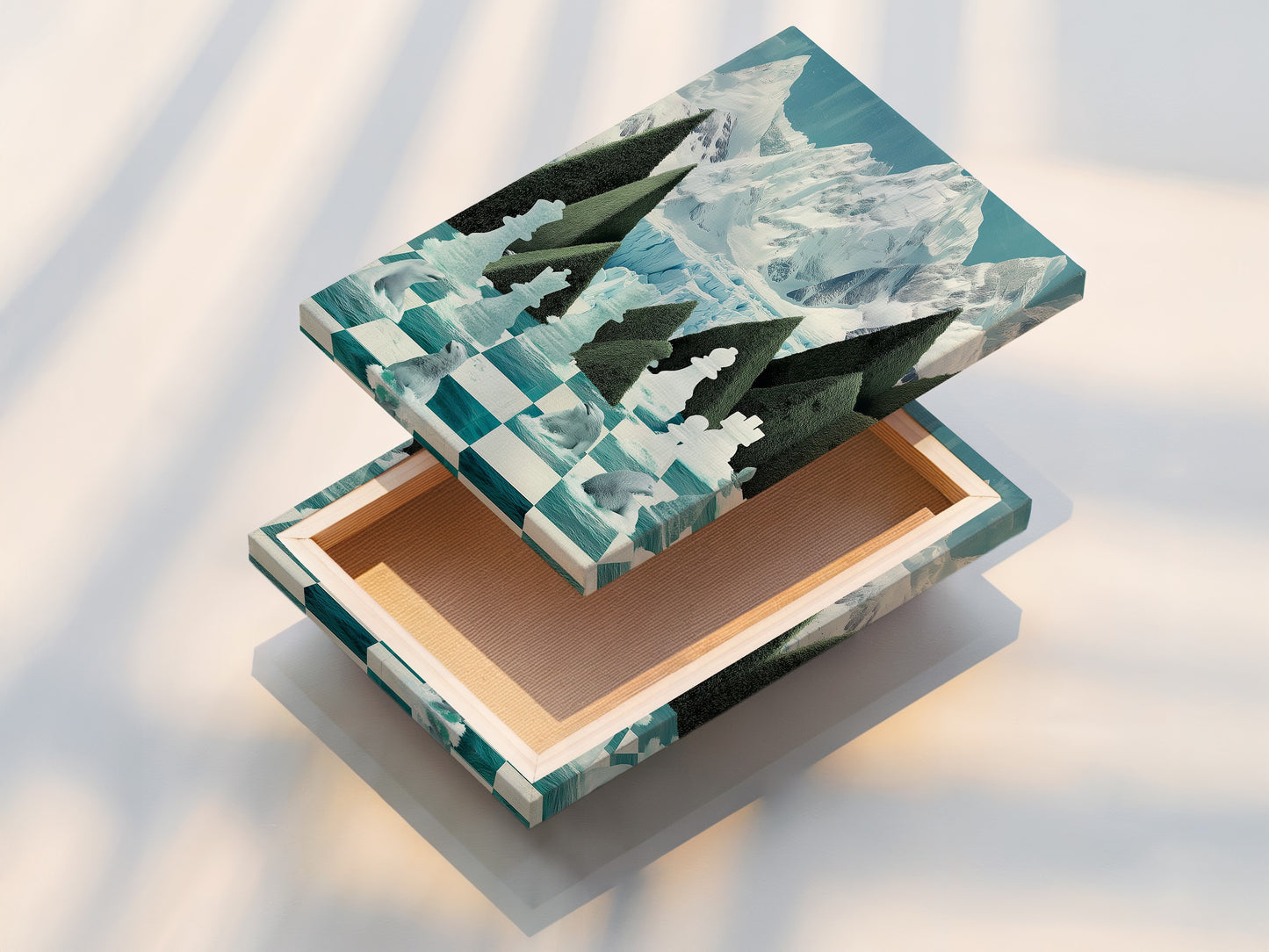 This is a stretched canvas print of the Chess Arctic artwork. The polar bear and teal chessboard details stand out vividly. The stretched canvas offers a clean and modern art look. Perfect for adding a touch of winter and strategy to your wall decor. Enjoy this chess-themed artwork.