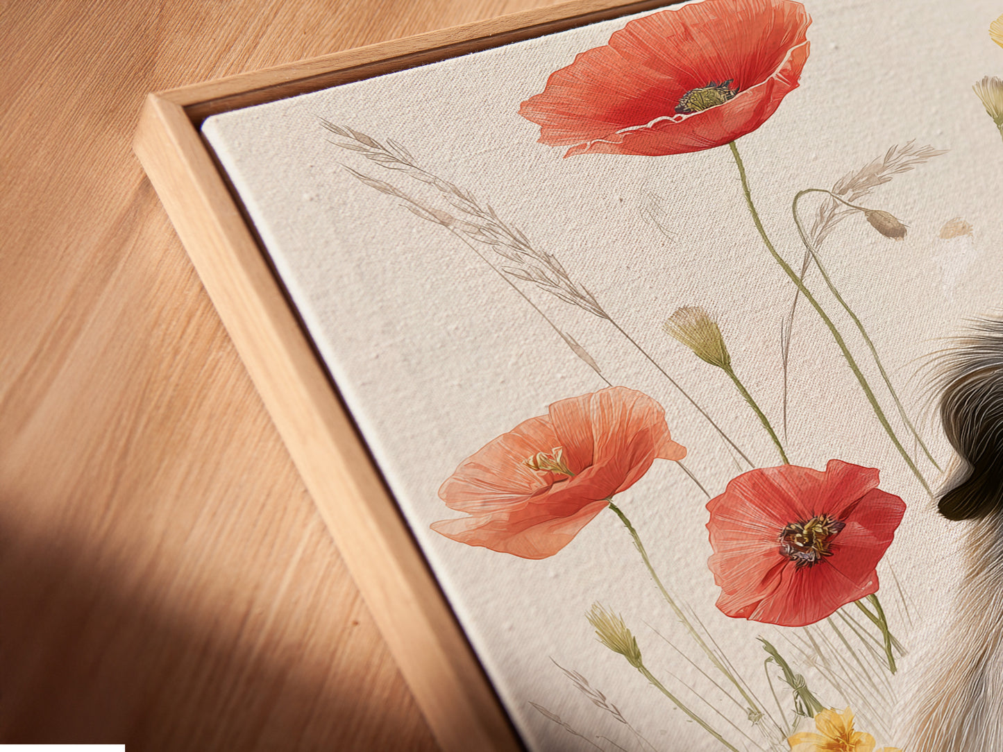 A close up angled view of a canvas print featuring a floral guinea pig. The canvas is presented in a floating frame. The floating frame adds a modern and sophisticated touch. It makes the artwork appear to hover. It enhances the overall visual appeal.