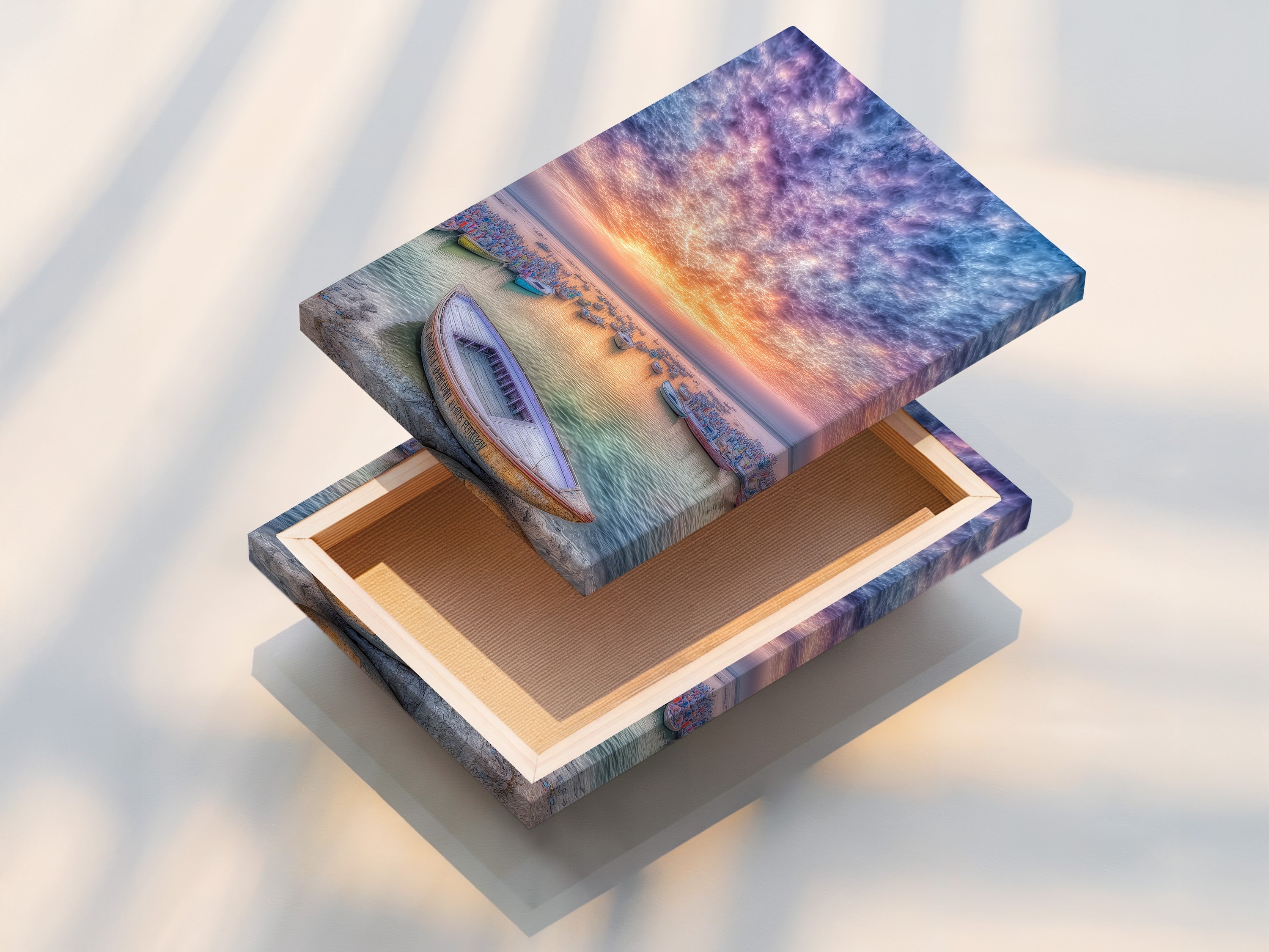 A stretched Harbor Sunset canvas print is displayed. This artwork showcases fishing boats under a colorful sunset sky. The stretched canvas print provides a gallery wrapped look. This coastal wall art is ready to hang and enjoy. Perfect for adding a touch of seaside charm to your home or office. It is ideal for creating a tranquil atmosphere.