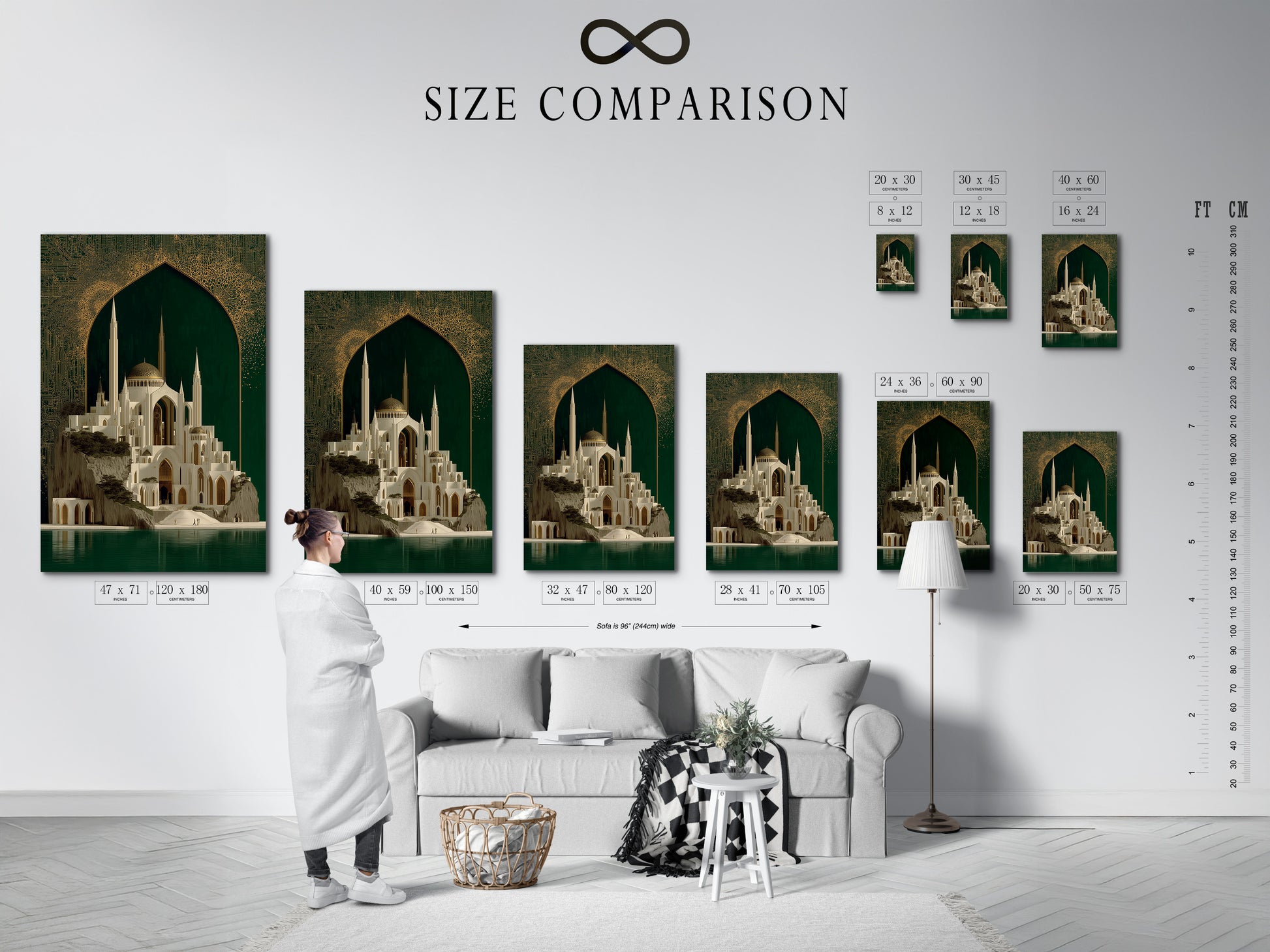 A size comparison chart is displayed in an interior setting. It shows the various sizes available for the Islamic Architecture Artwork. Visualize the perfect fit for your space. Choose the ideal size to complement your decor and showcase this beautiful piece of islamic art.
