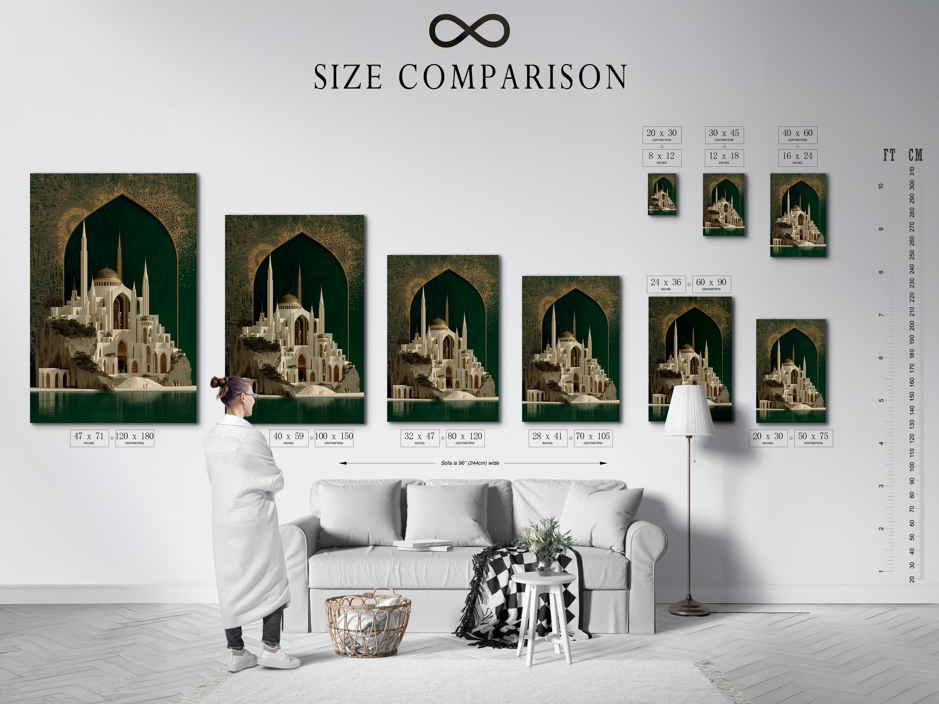 A size comparison chart is displayed in an interior setting. It shows the various sizes available for the Islamic Architecture Artwork. Visualize the perfect fit for your space. Choose the ideal size to complement your decor and showcase this beautiful piece of islamic art.
