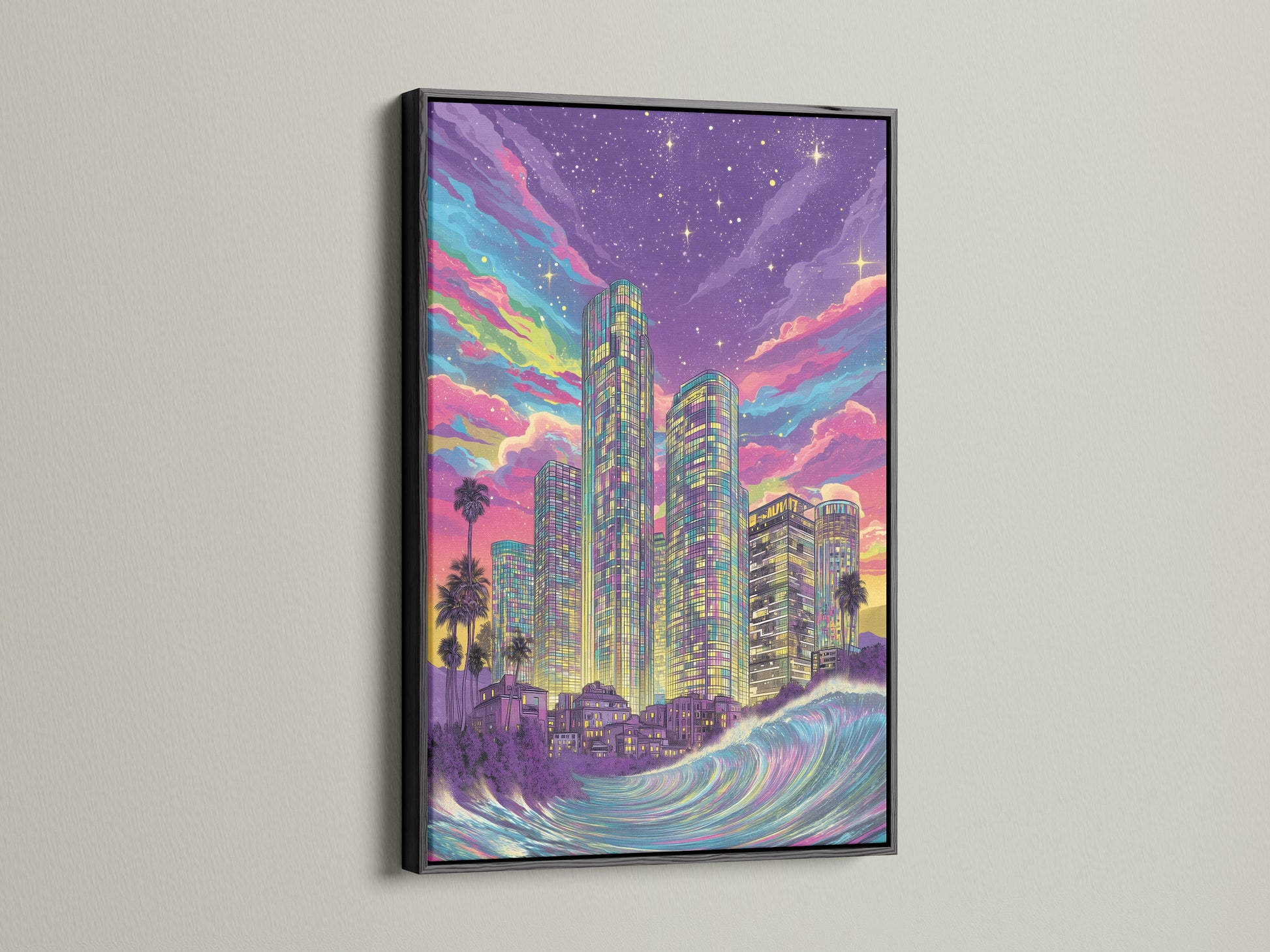 A black frame highlights the details of this synthwave cityscape. The artwork features a neon purple skyline. It is a retro futuristic ocean wave art piece. Shop now for standout contemporary wall decor. Perfect for eclectic styles.