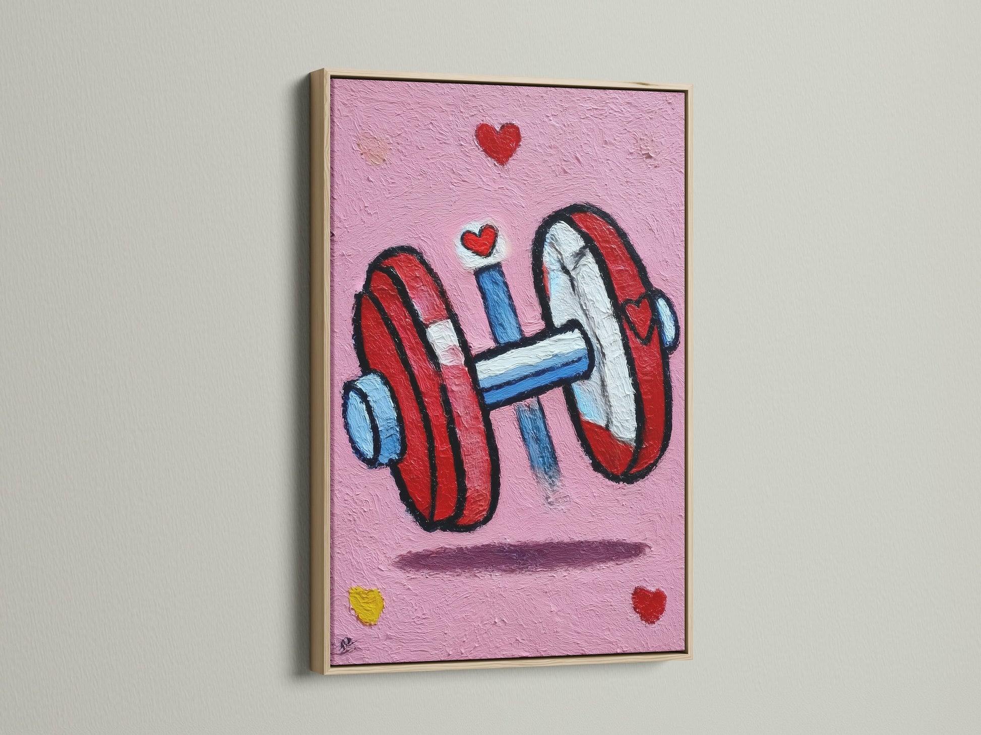 Dumbbell art print in an oak frame. The fitness wall art showcases a pink gym canvas print. Add workout decor to your home gym. This piece provides fitness motivation. The oak frame enhances the artwork's appeal. Perfect for a fitness studio.