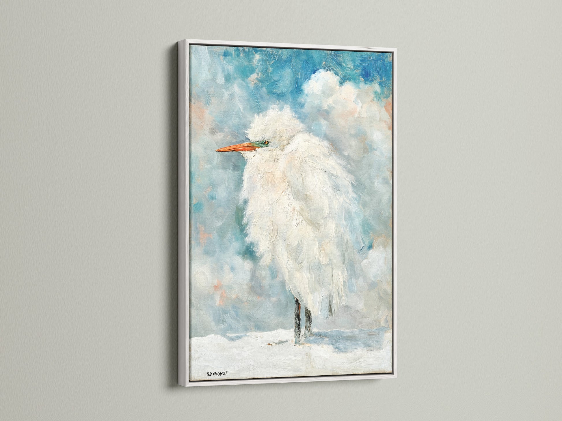 A white frame highlights the Heron coastal artwork. This clean frame complements minimalist beach house decor. It brightens any space. Discover this bird painting today