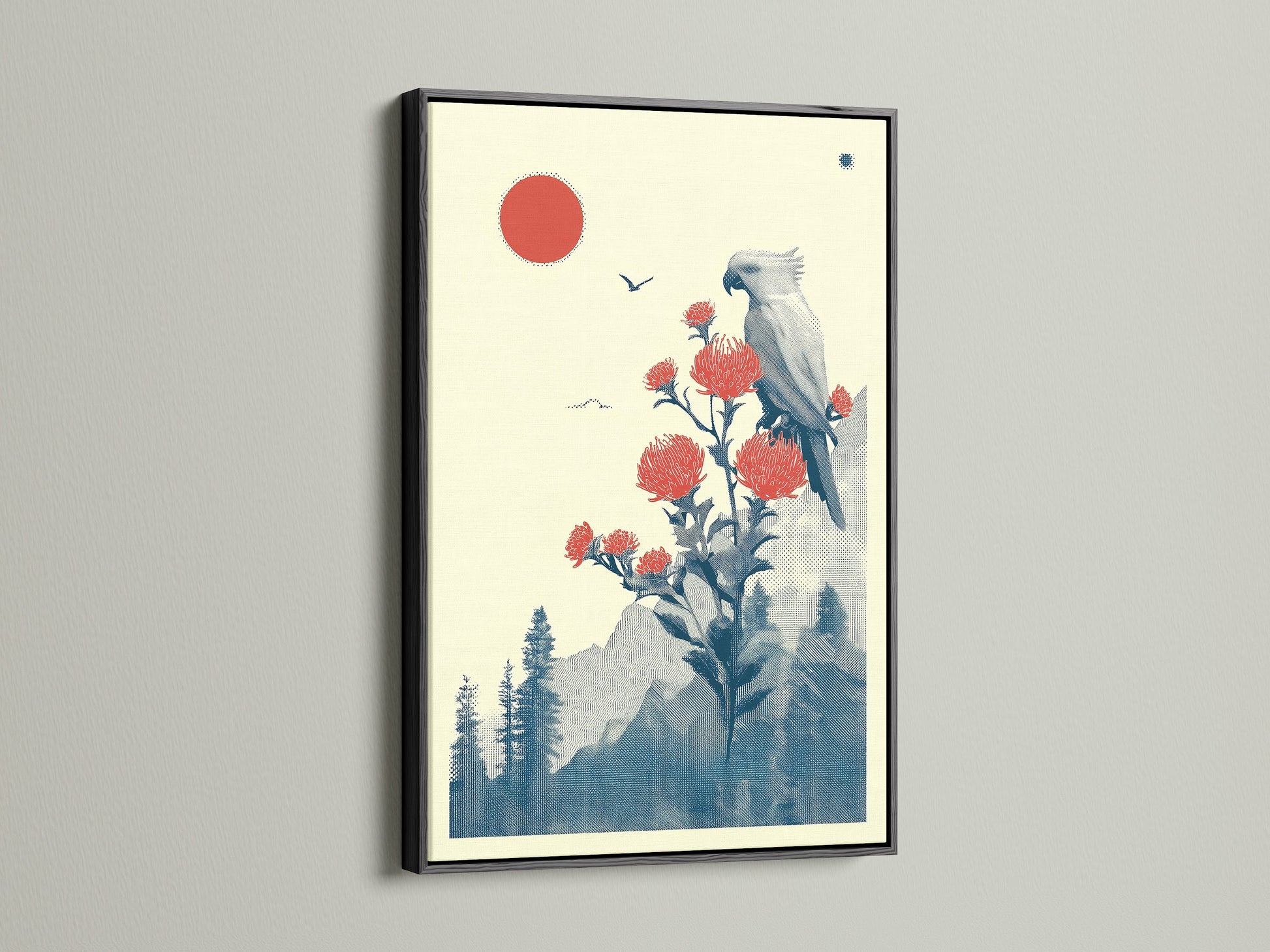 Japanese Bird Artwork with Red Sun in a Black Frame. The black frame makes the red sun print pop. Ideal Asian-inspired art for modern homes and offices. Order yours today.