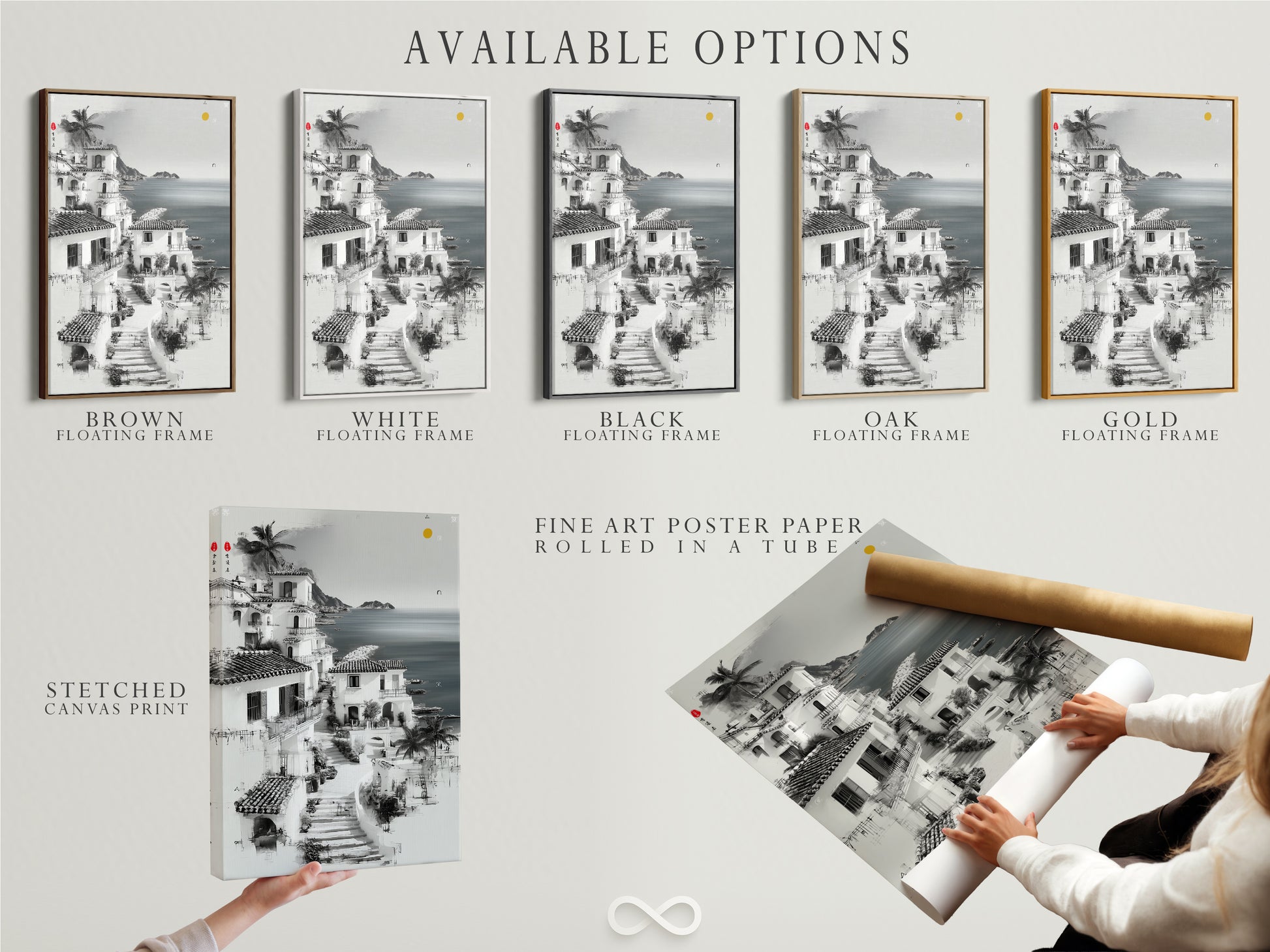 Available options for the Coastal Village artwork are displayed. Choose from a stretched canvas print. Opt for fine art poster paper or a floating frame. Find the perfect style to complement your decor.