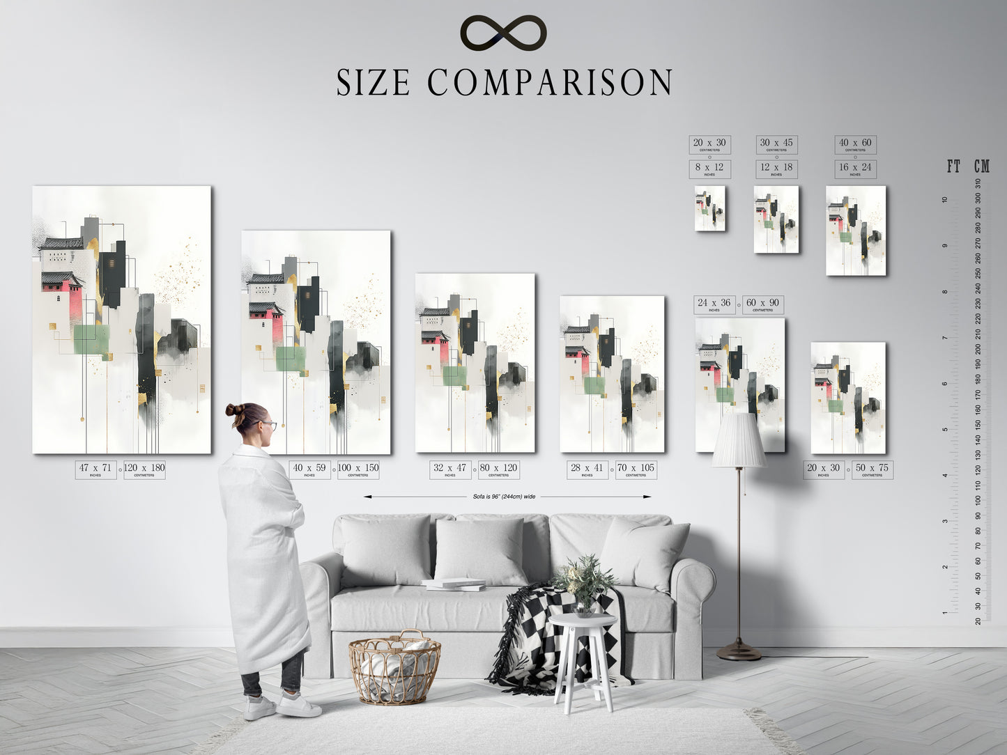 A size comparison chart is displayed in an interior setting showcasing an abstract cityscape artwork. The modern architecture wall art is perfect for visualizing scale in your home. The geometric building artwork enhances office decor. This minimalist art features neutral tones and gold accents. Choose the perfect size for your contemporary art collection. Ideal for scandi decor and urban art lovers.