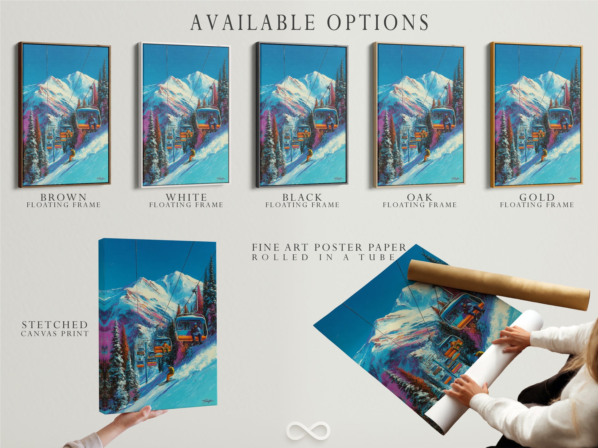 Available options for Ski Resort Canvas Art are displayed. Options include stretched canvas print. Fine art poster paper is also available. Floating frame option is also presented. The artwork features a mountain chairlift. Find the perfect fit for your decor.