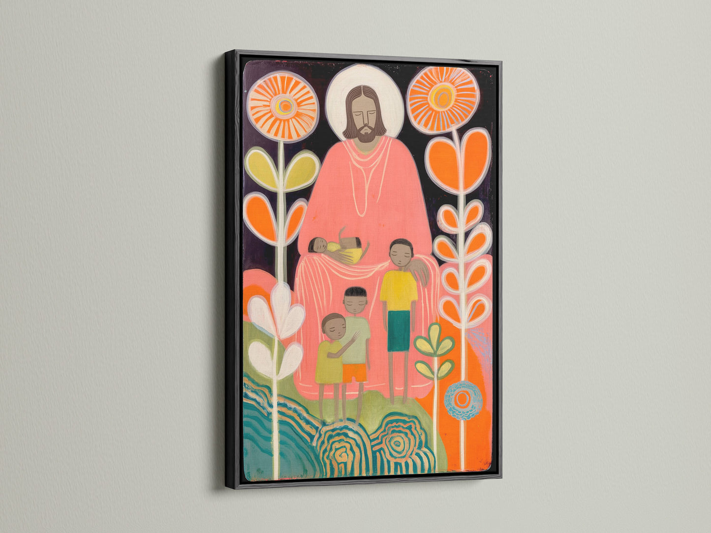 A bold black frame surrounds this artwork. The art depicts a figure with children among colorful flora. The black frame contrasts beautifully with the art. It adds a touch of sophistication. This is a stunning piece for any room.