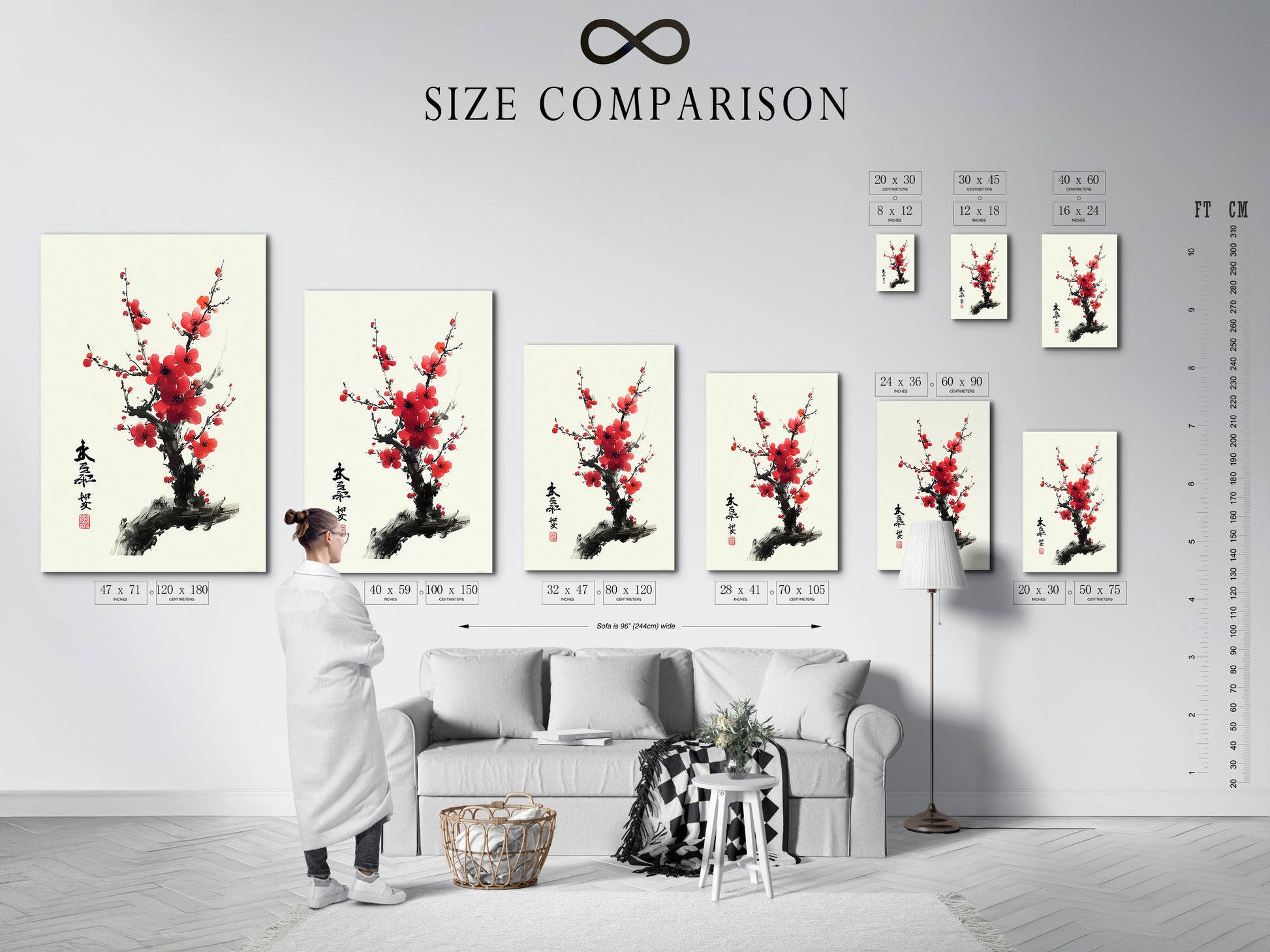 A size comparison chart is shown in an interior setting. The chart provides a visual guide. It helps customers choose the perfect artwork size. The setting is a modern living room. The chart includes various frame and canvas options.