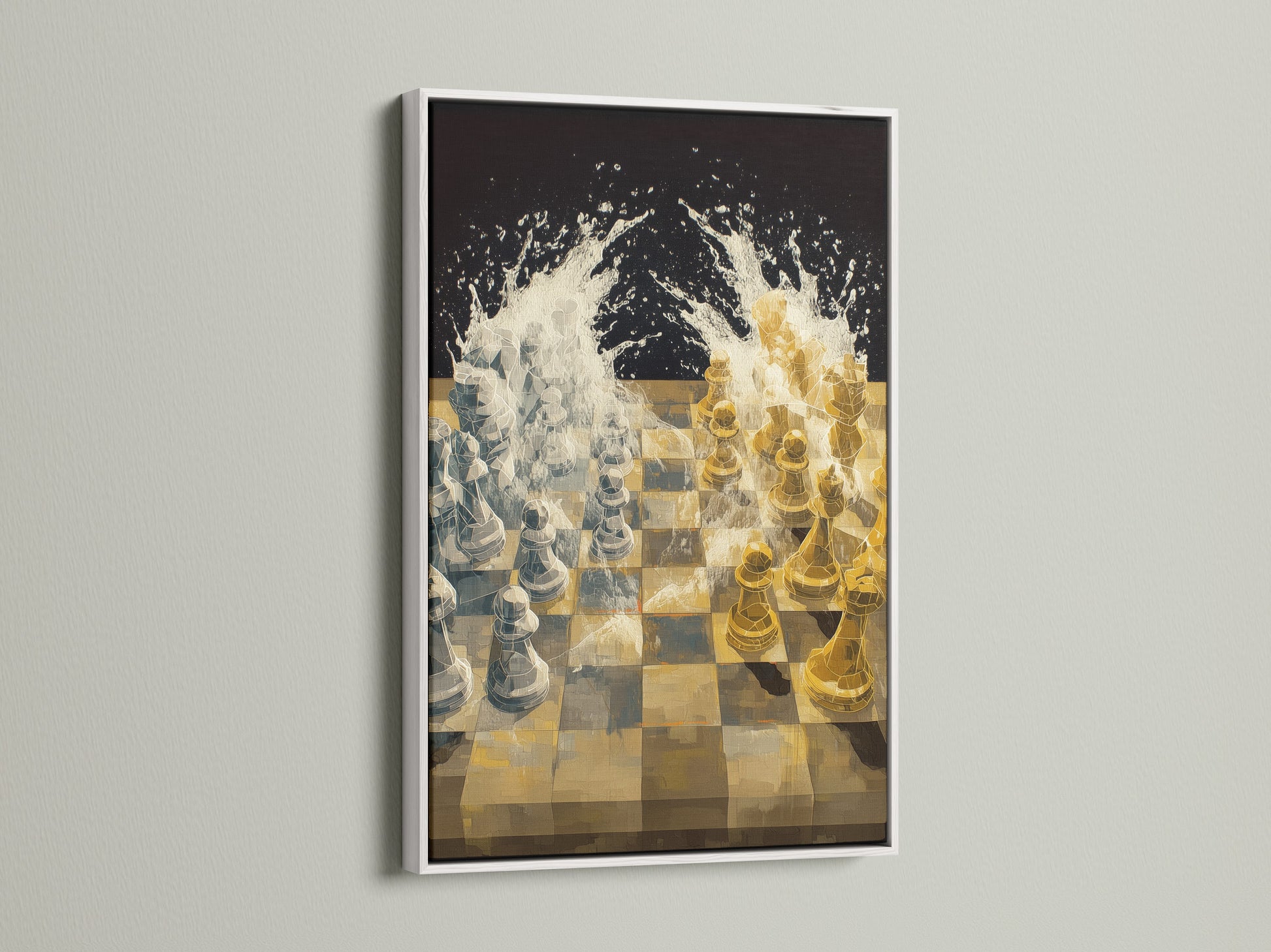 Transform your walls with this captivating chess game artwork. The white frame enhances the neutral colors of the piece. It's ideal for minimalist Scandinavian or contemporary styles. Add a sophisticated touch to your living room or office.