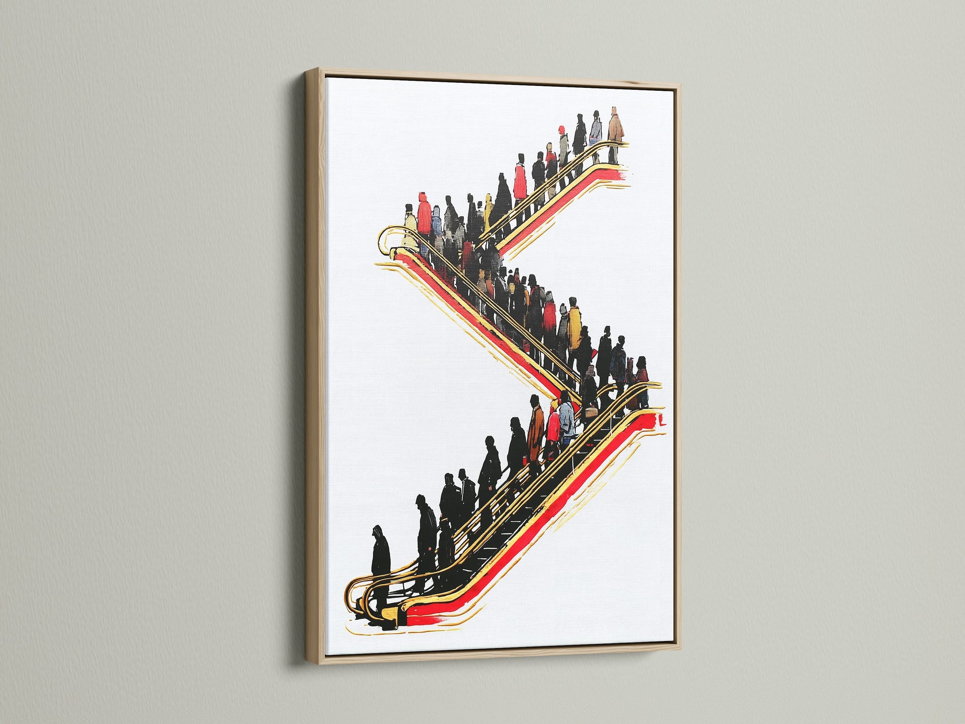 Elevate your office decor with this striking escalator art piece. The oak frame adds warmth to the modern urban artwork. Red and gold accents create a visually appealing focal point. Ideal for business owners and urban professionals. This commute print fits industrial minimalist or contemporary styles.