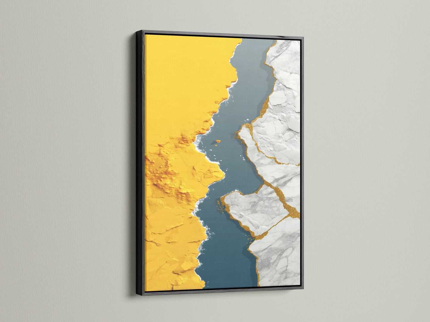 Abstract gold river canvas art is showcased with a black frame. The modern teal wall art is a bold contemporary statement. Enhance your office or home decor with this artwork. A black frame offers a sleek modern feel.