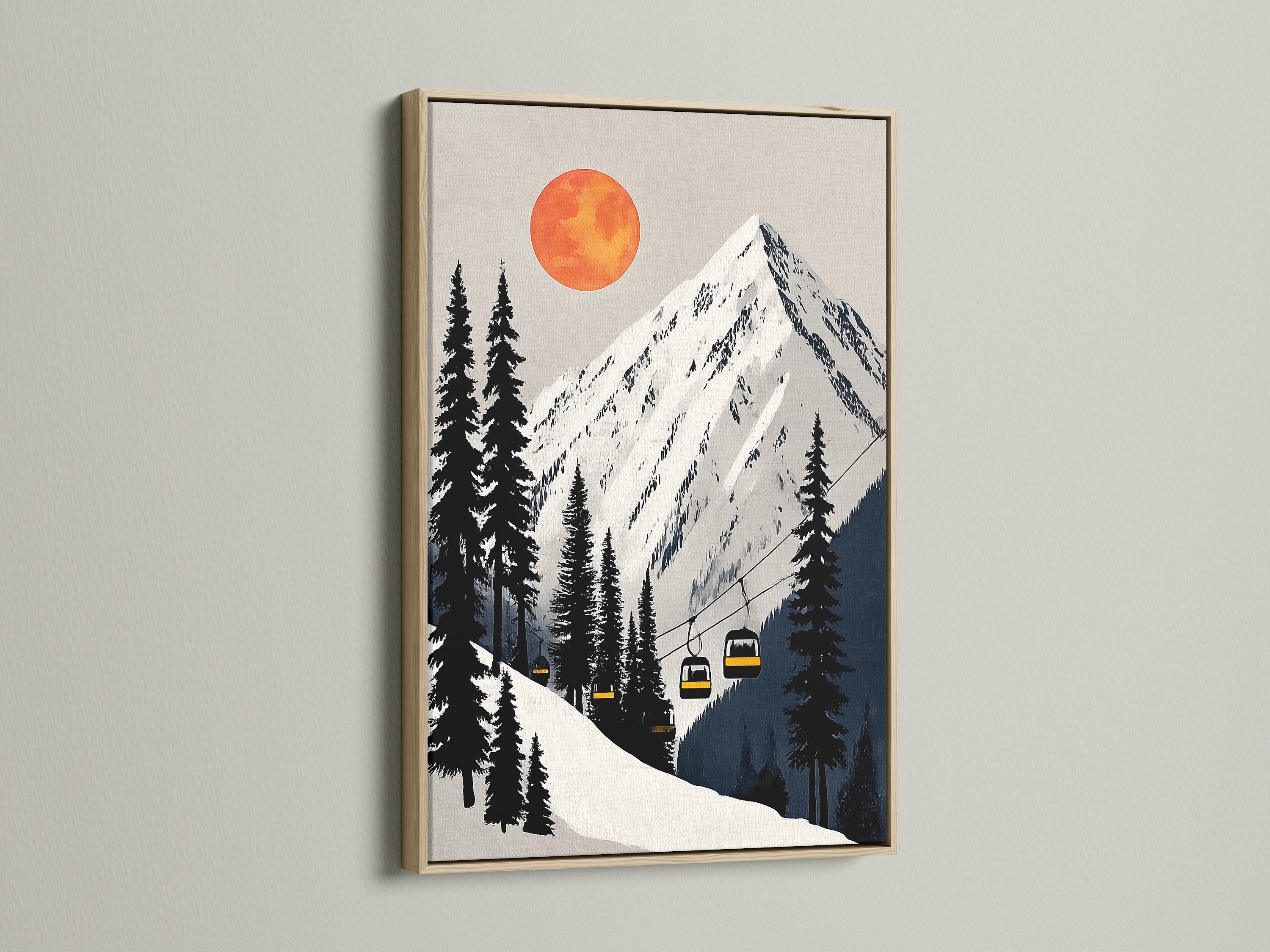 Oak frame displaying mountain ski lift artwork. This alpine wall art complements rustic and Scandinavian interiors. The beige and orange hues add warmth. Ideal for living rooms bedrooms and offices. Bring the outdoors in with this adventure print.