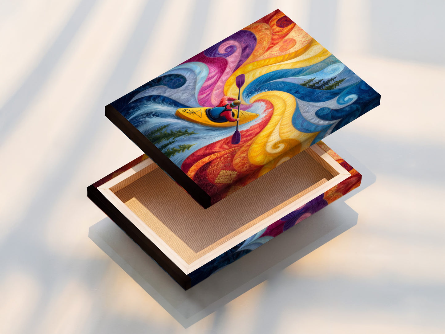 A stretched canvas print of the kayaking abstract river art. The artwork is ready to hang. The vibrant colors and dynamic composition make it a focal point in any room. Ideal for modern and contemporary decor.