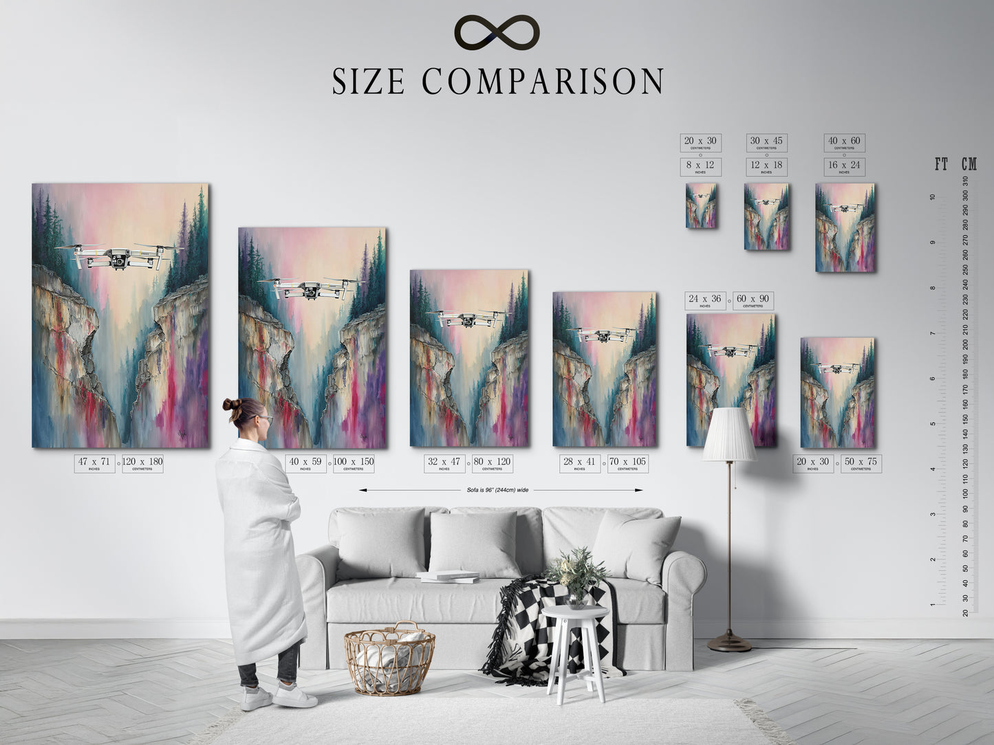 A size comparison chart displayed in an interior setting. Various sizes are shown for drone flight artwork. This chart helps visualize the scale of the mountain cliff canvas. Find the perfect fit for your space. Choose the ideal size for your aerial view photography print.