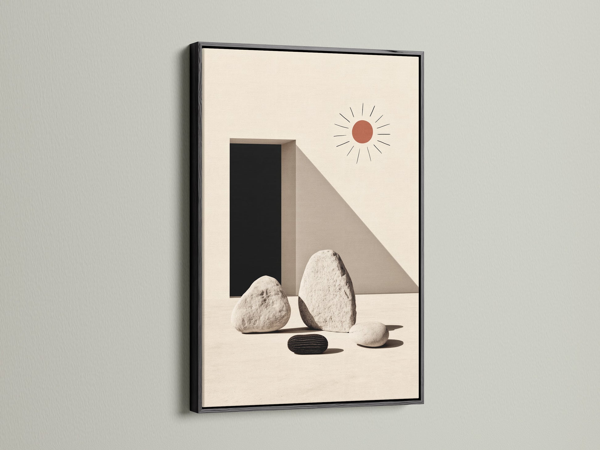 Minimalist stone artwork with a black frame. Geometric shapes and neutral tones create a modern look. Enhance your office or home decor with this zen art print. The black frame adds a bold and sophisticated touch. Perfect for minimalist and contemporary spaces. This canvas art brings simple elegance to any wall.