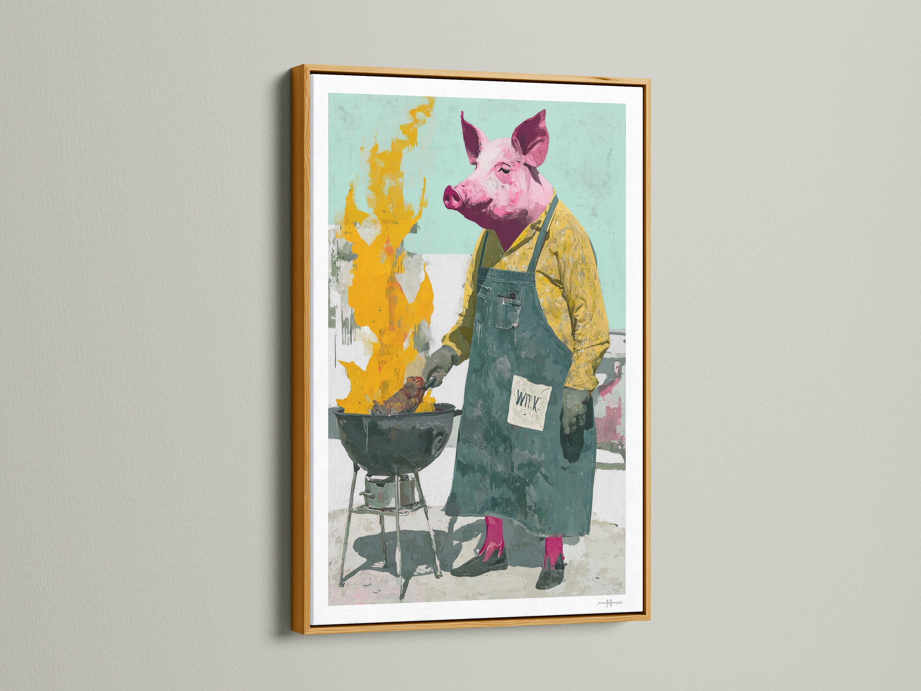 Add a touch of glamour with a gold frame for the Pig Chef artwork. The metallic finish enhances the artwork's fun personality. Gold frames bring warmth and luxury to any room. It's perfect for a BBQ or dining area.