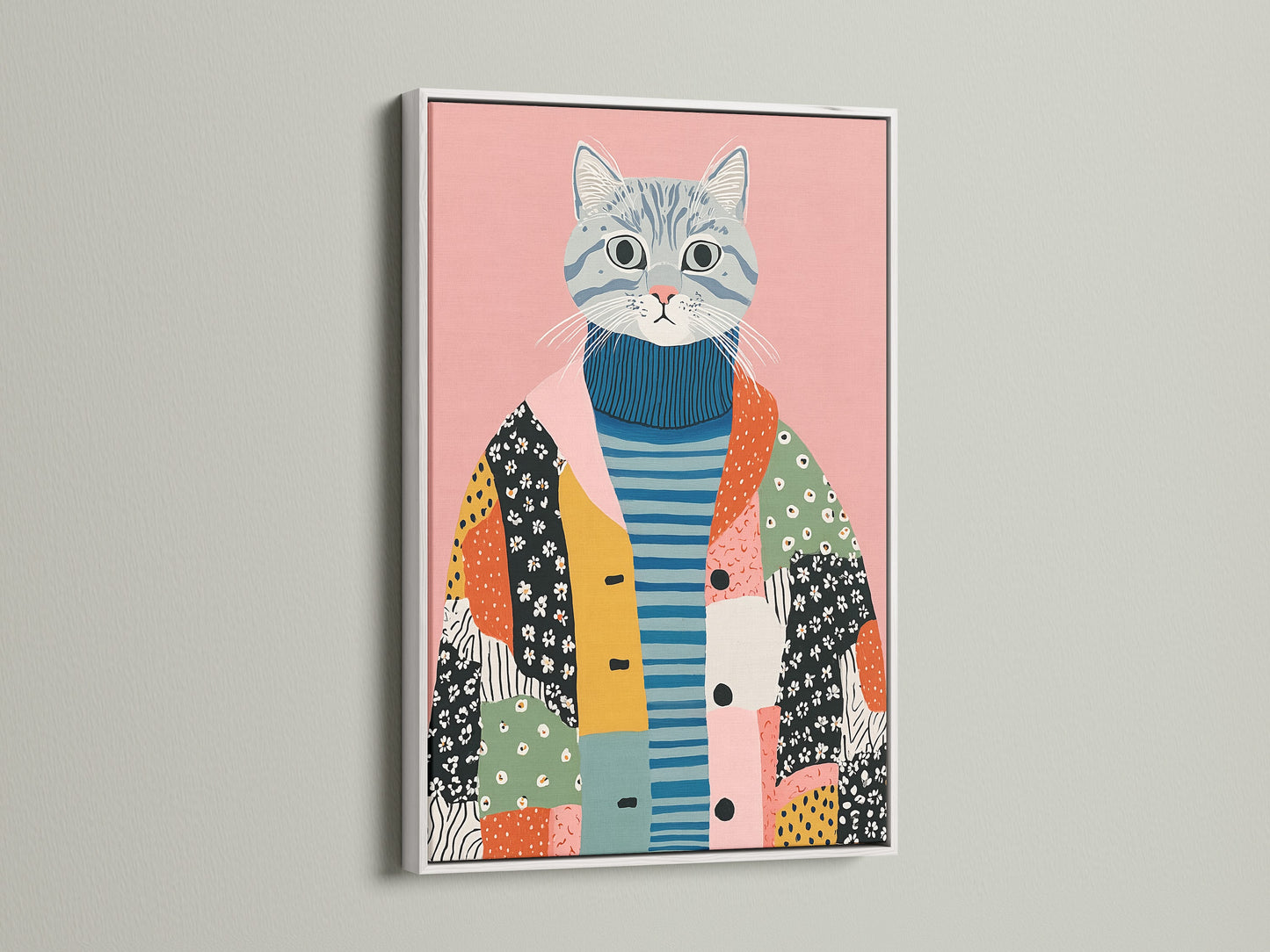Quirky Cat Art Print - Folk Art Cat Canvas, Whimsical Animal Wall Art for Nursery & Kids Room Decor