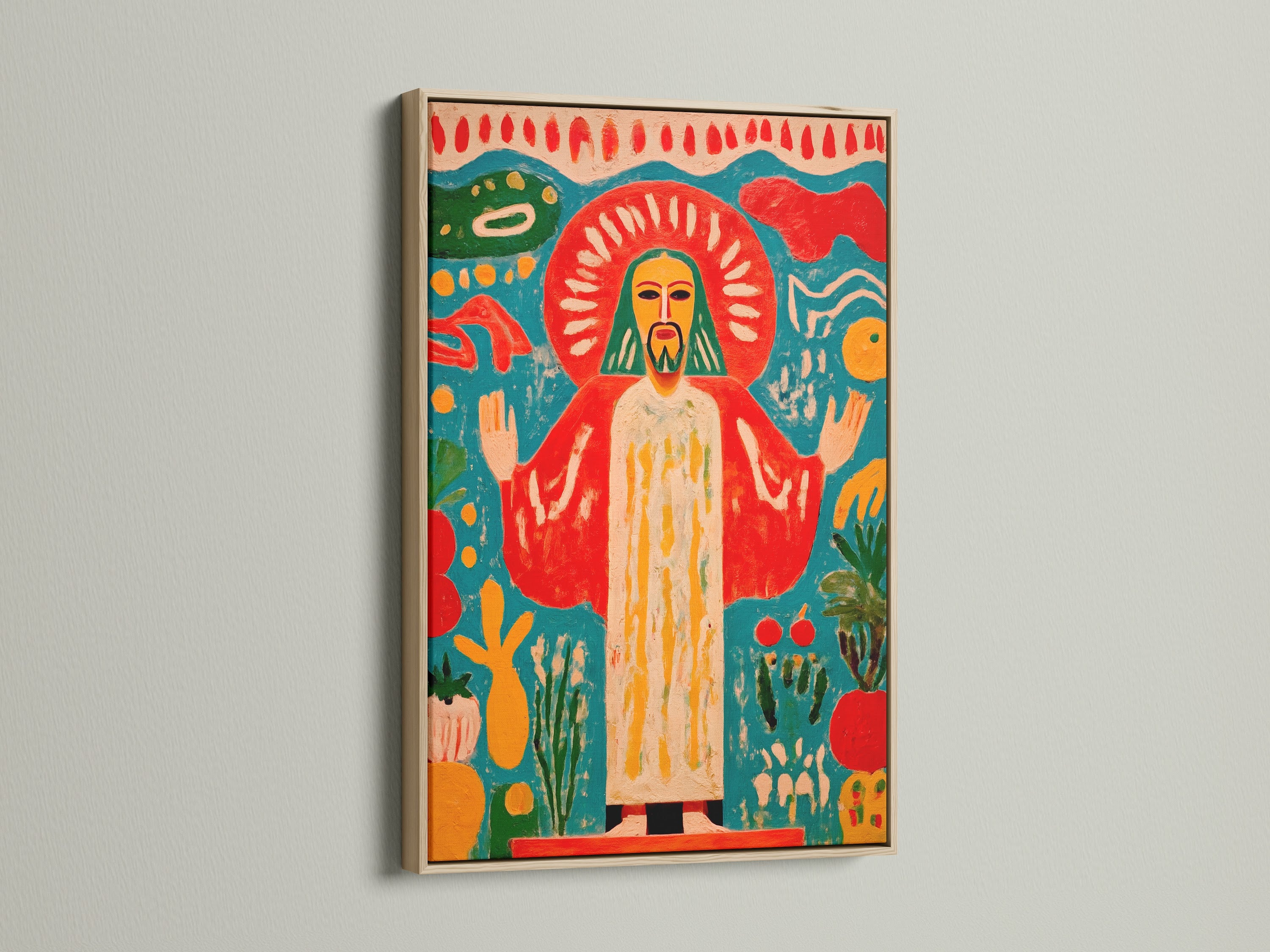 Sacred Heart Wall Art in an oak frame. This folk art print brings a spiritual element to any room. The colorful religious artwork enhances bedroom decor. It is a vibrant folk print. Consider this sacred art print.
