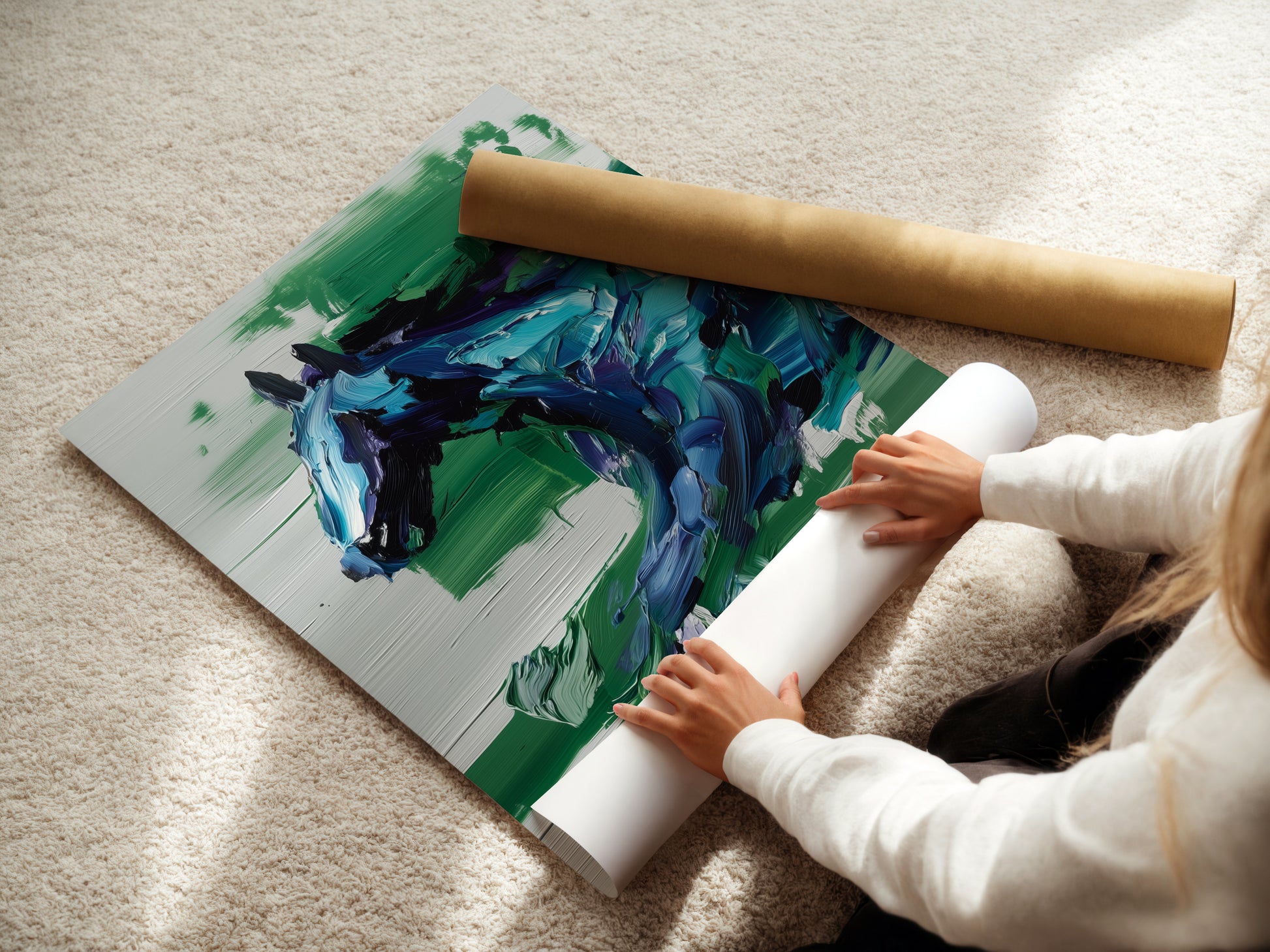 A woman carefully rolls a fine art poster paper print. This abstract equestrian artwork is ready for framing. The blue green animal art is perfect for modern decor. The horse art print suits living rooms bedrooms or offices.