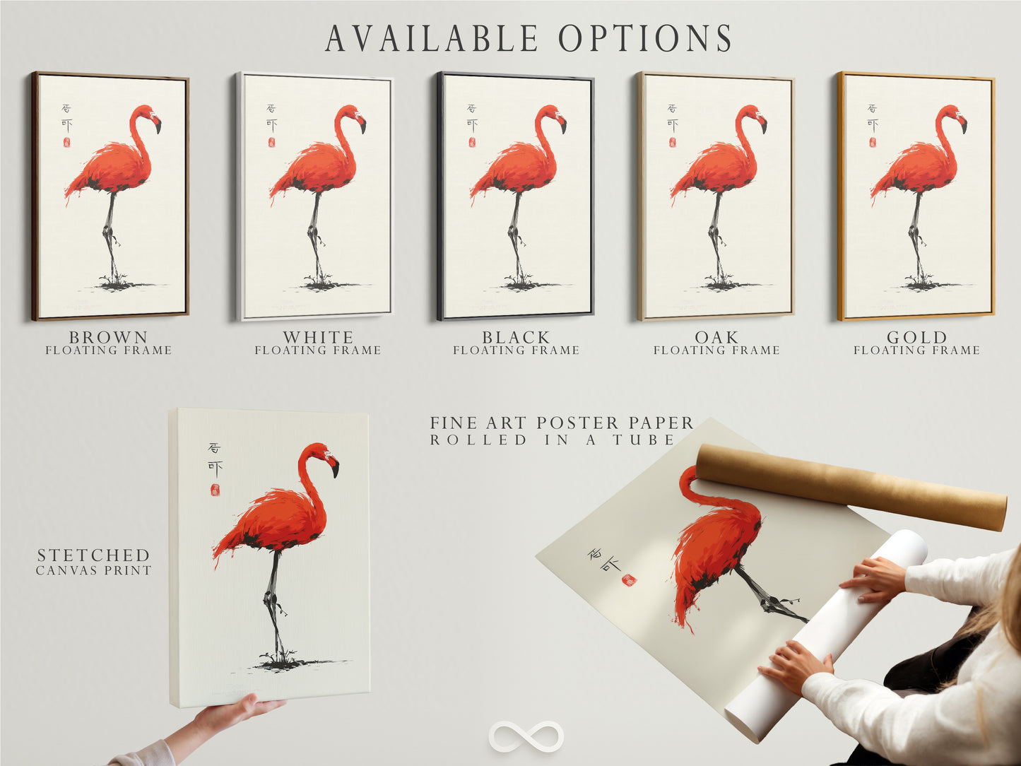 Available options for the red flamingo artwork are displayed. Options include a stretched canvas print fine art poster paper and floating frame. This allows customers to customize their art to suit their style. Perfect for homeowners renters and interior decorators.