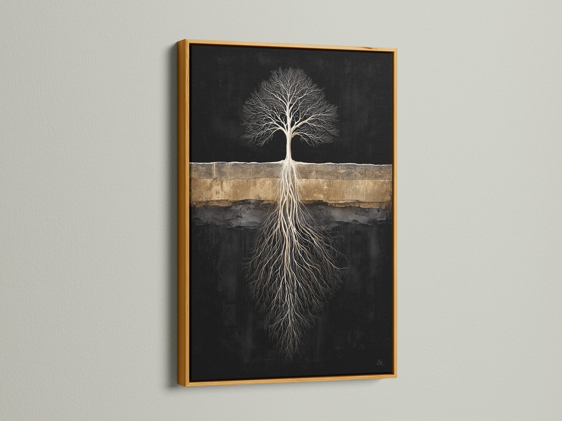 The Tree of Life canvas is beautifully displayed in a gold frame. This abstract tree print brings a touch of luxury to your living room. The gold frame enhances the spiritual artwork creating a statement piece. Elevate your home decor.