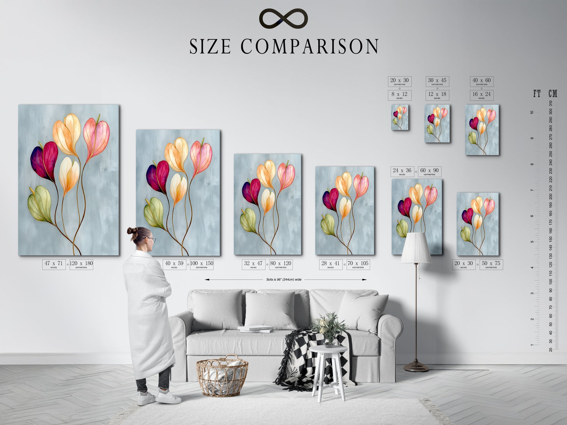 A size comparison chart is displayed in an interior setting. It shows the various sizes available for the floral watercolor canvas print. Helps visualize how the pastel botanical wall artwork fits in different spaces. Perfect for planning your bedroom wall decor or living room wall art.
