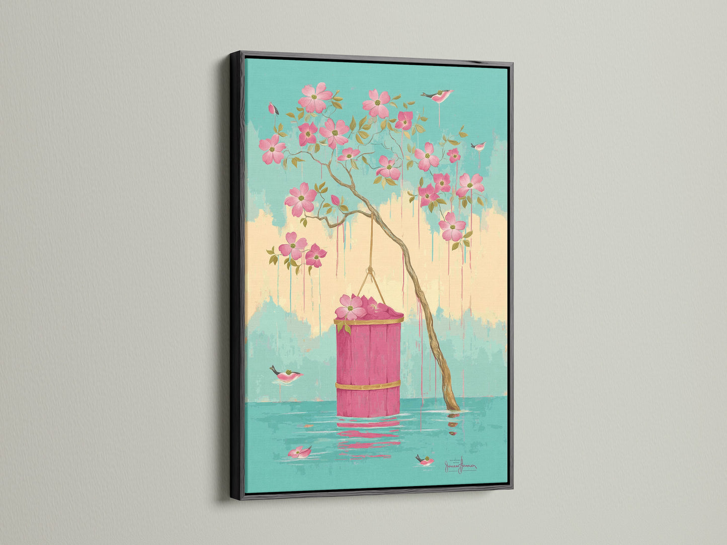 The pink flower and bird artwork is presented in a sleek black frame. This creates a striking contrast that enhances the artwork's vibrant colors. Perfect for adding a touch of modern elegance to any room in your home.