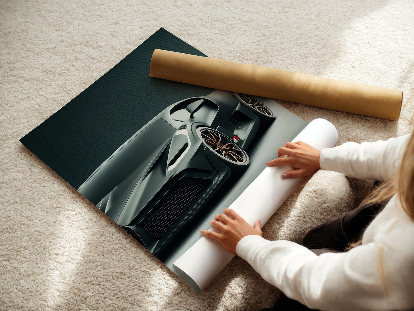 A woman is carefully rolling a fine art poster paper. High-quality paper ensures the artwork remains pristine. Ideal for luxury car prints and supercar posters. Perfect for homeowners and interior decorators alike.