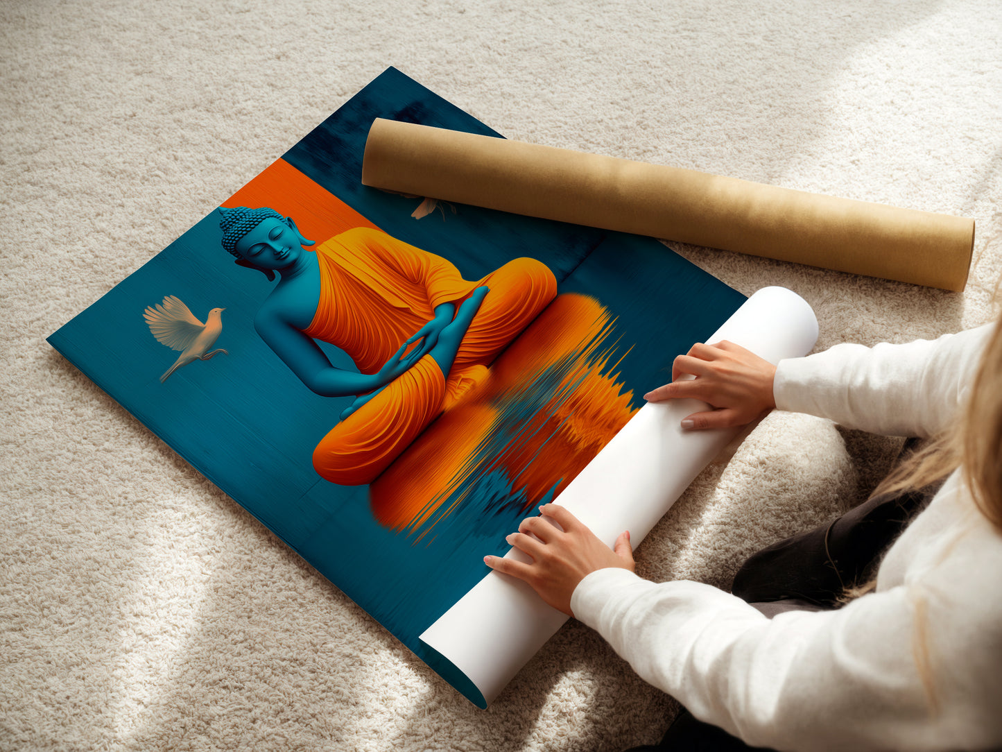 See the care that goes into our fine art poster paper. A woman is carefully rolling the print ensuring its quality. The paper is perfect for showcasing our Buddha artwork. Bring spiritual zen decor into your home with this beautiful piece. Each print is handled with the utmost care.