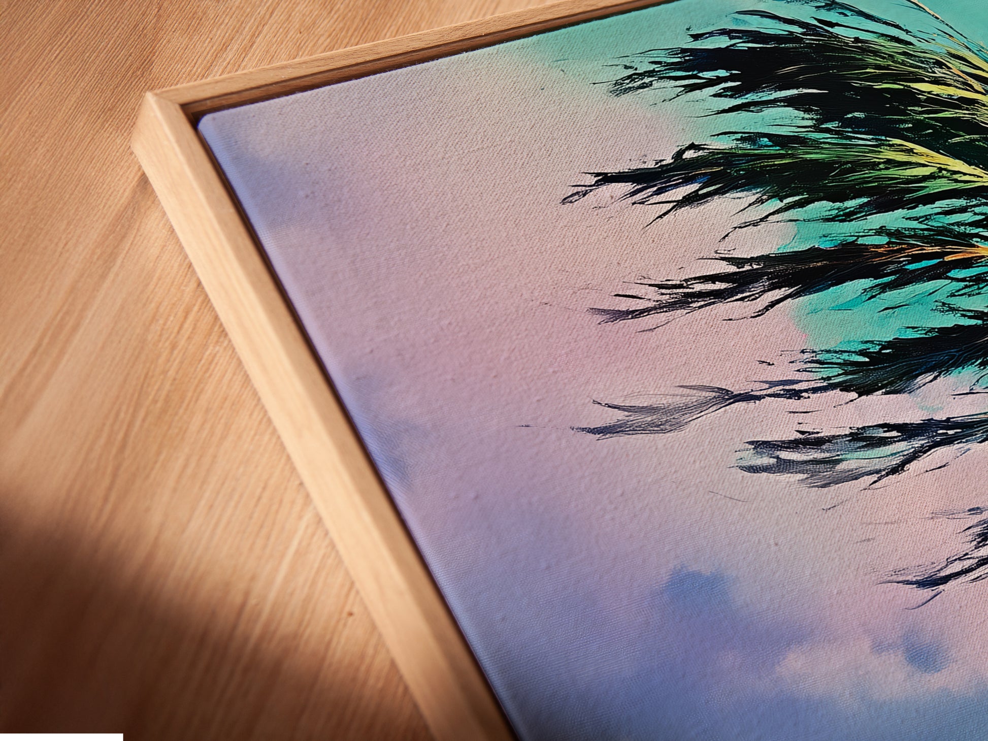A close up of coastal beach artwork in a floating frame. The artwork features a palm tree and a turquoise seascape. The floating frame adds depth and sophistication. Ideal for minimalist and Scandinavian styles of decor.