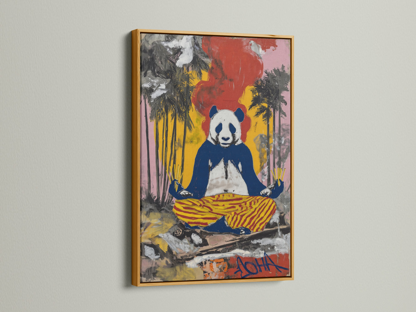 Zen Panda Canvas Print with a gold frame. This spiritual art enhances any living space. The graffiti style art brings a unique touch. It is a perfect animal meditation piece for a zen atmosphere.