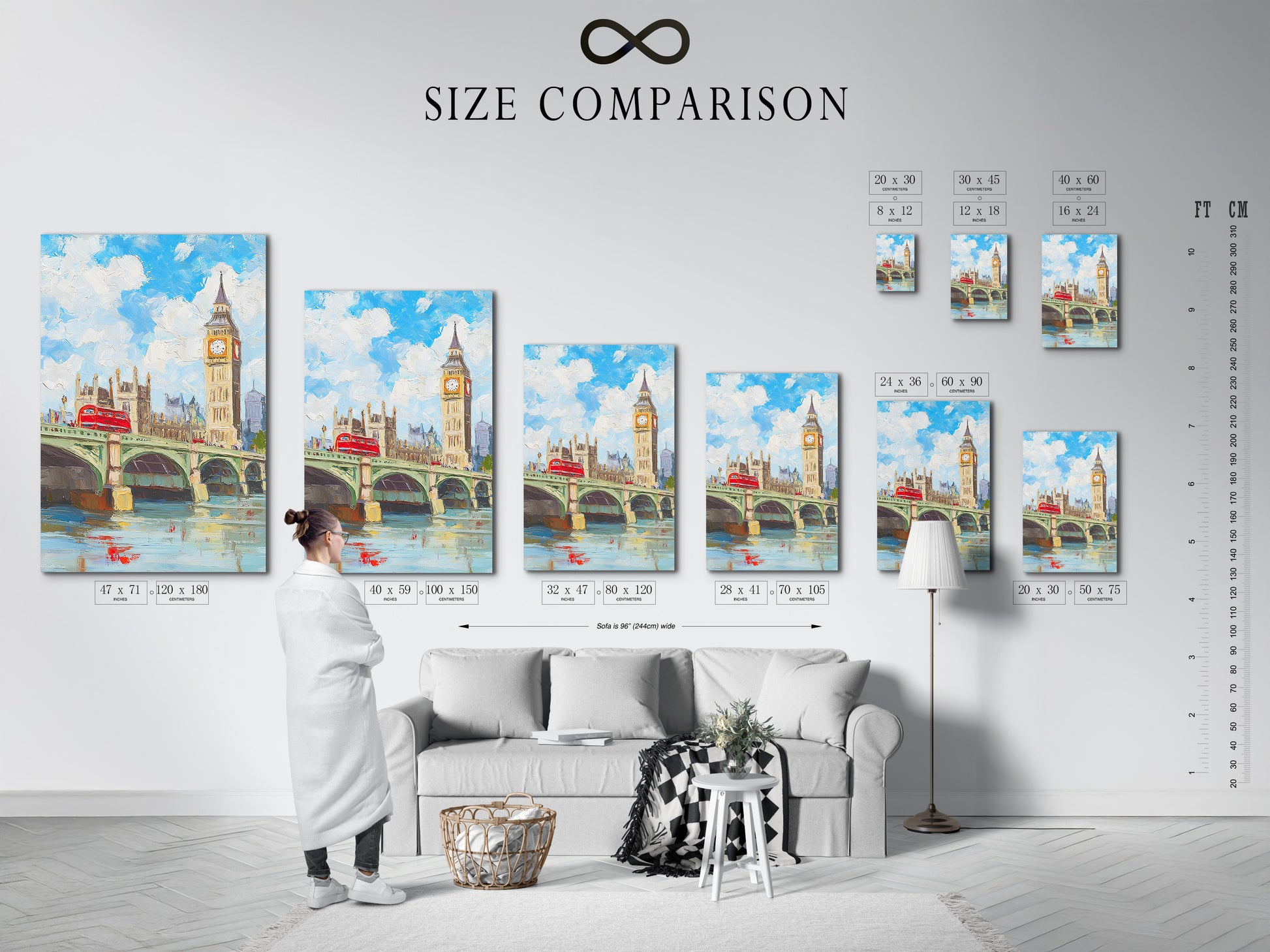 Size comparison chart displayed in an interior setting. This chart helps you choose the perfect size for your London Big Ben artwork. See how different sizes fit your space. Plan your British cityscape decor.
