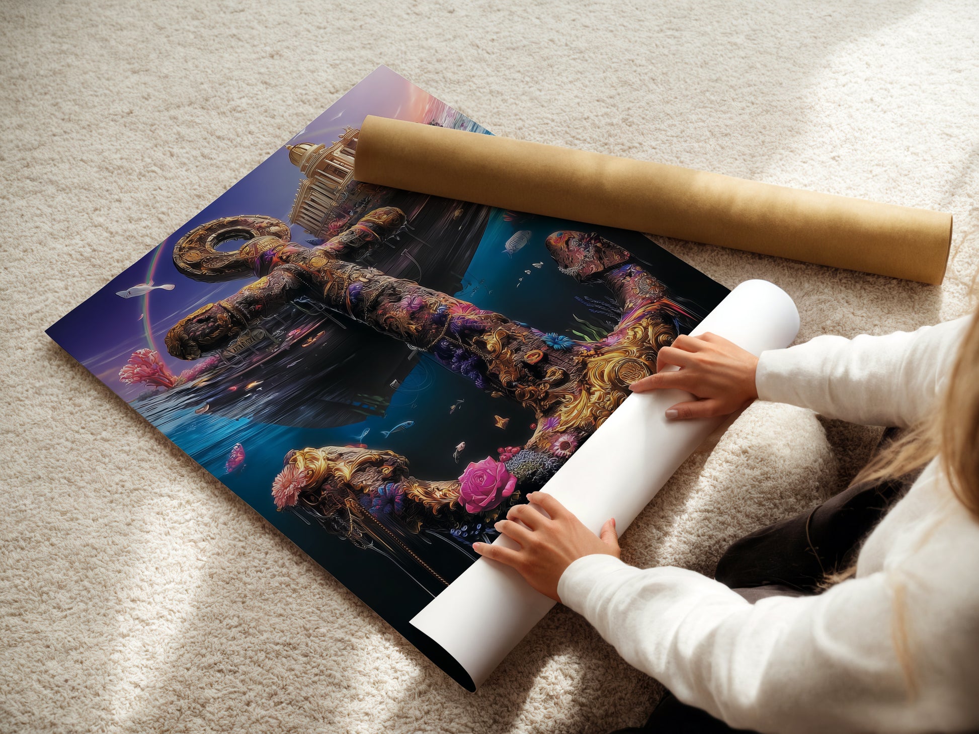 A woman is carefully rolling a fine art poster paper. The paper is high-quality ensuring a smooth and professional finish. Ideal for preserving and displaying your favorite artwork. This fine art paper is perfect for nautical prints and coastal art. Great for ocean artwork.