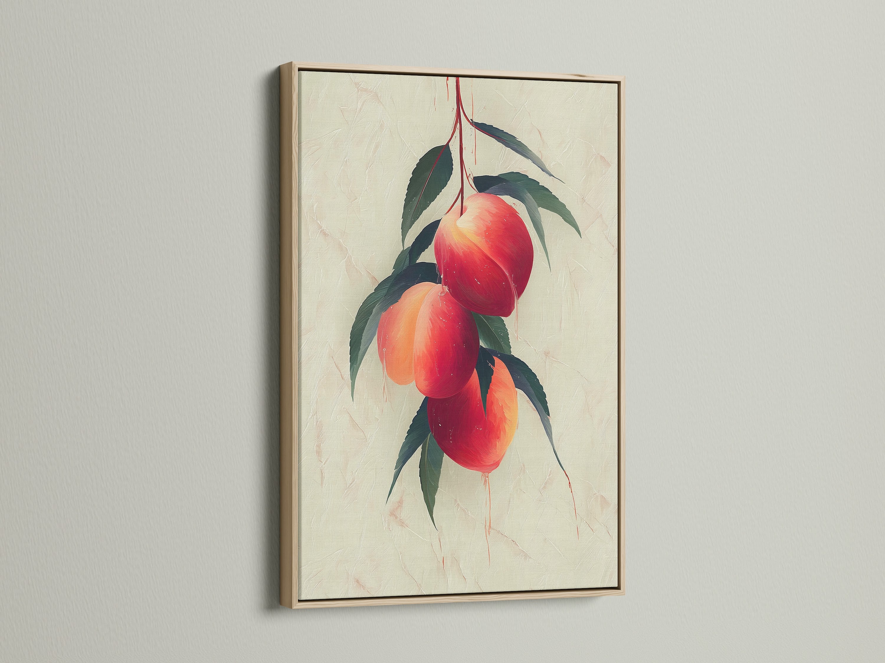 View this elegant oak frame that enhances a peach fruit botanical wall art. The natural wood tone complements kitchen decor and farmhouse artwork. This art piece is designed to bring warmth to any room. Discover the charm of this framed art.