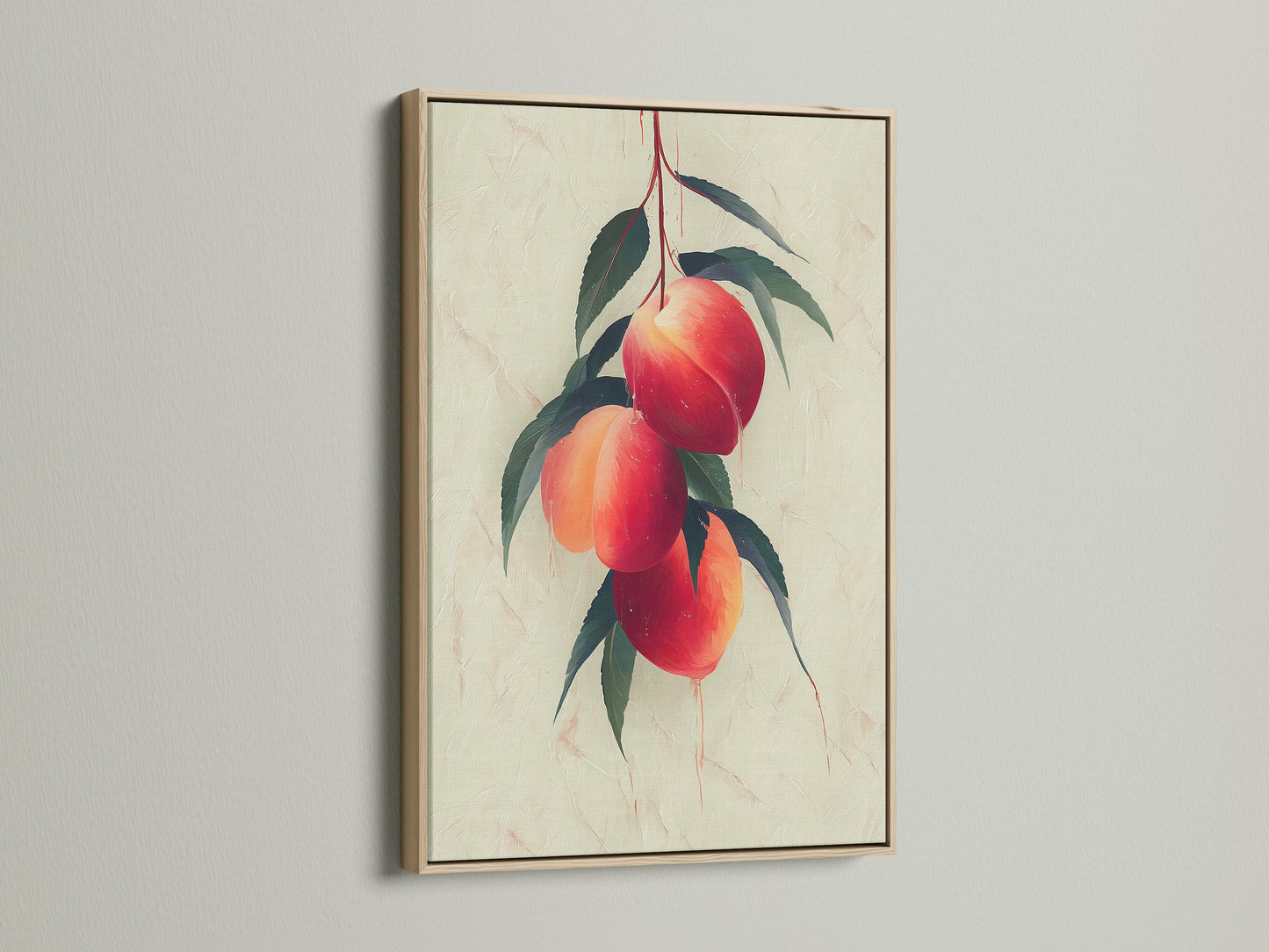 View this elegant oak frame that enhances a peach fruit botanical wall art. The natural wood tone complements kitchen decor and farmhouse artwork. This art piece is designed to bring warmth to any room. Discover the charm of this framed art.