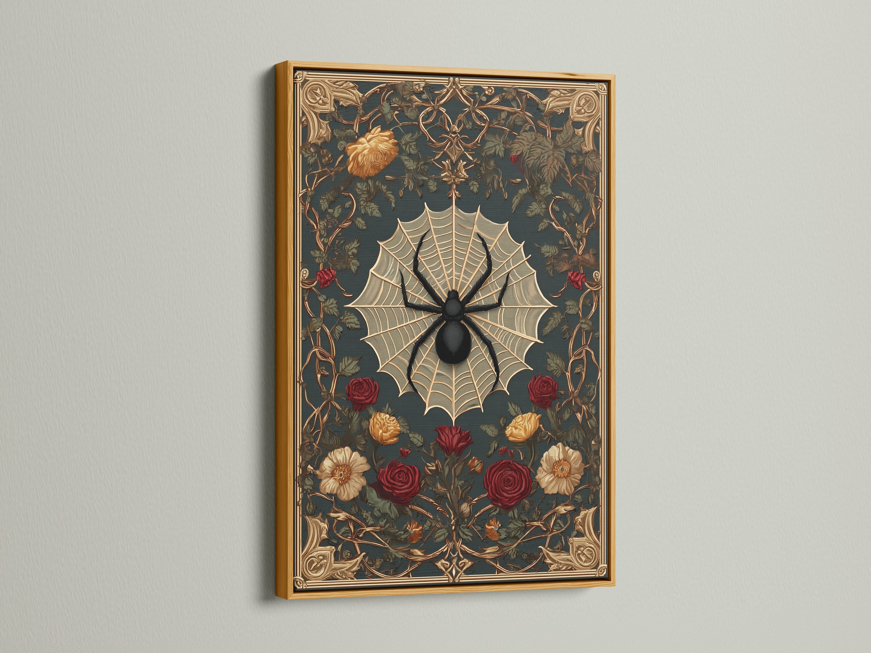 A gold-framed artwork on display. The artwork features a spider on a web surrounded by roses. The gold frame adds a touch of elegance. It enhances the visual appeal of the art. Ideal for adding a luxurious feel.