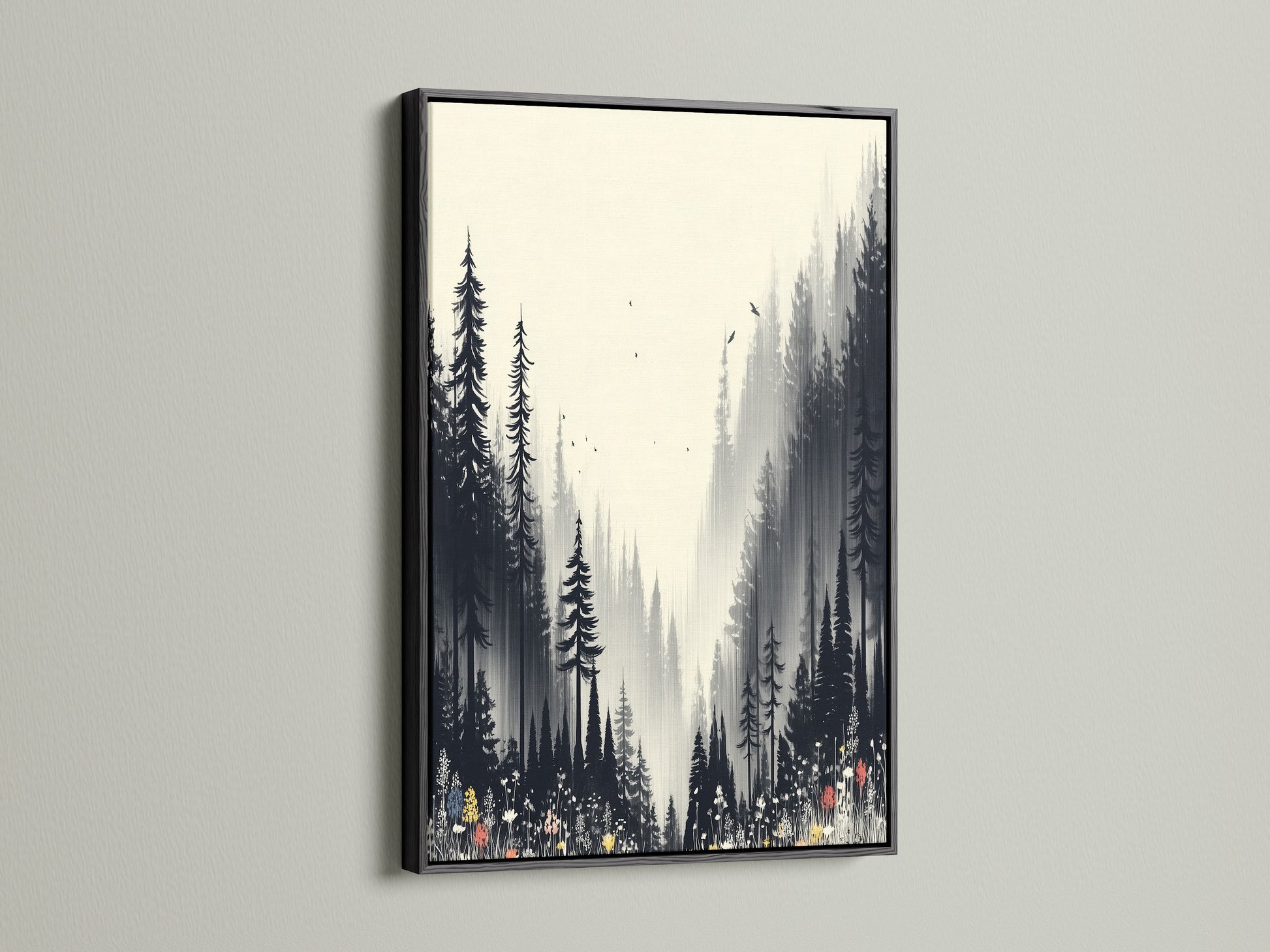 A striking black frame accentuates this forest artwork. The nature print captures a misty woodland scene. Its monochrome palette suits modern interiors. Enhance your space with this black and white nature artwork. See how forest wall art transforms a room.