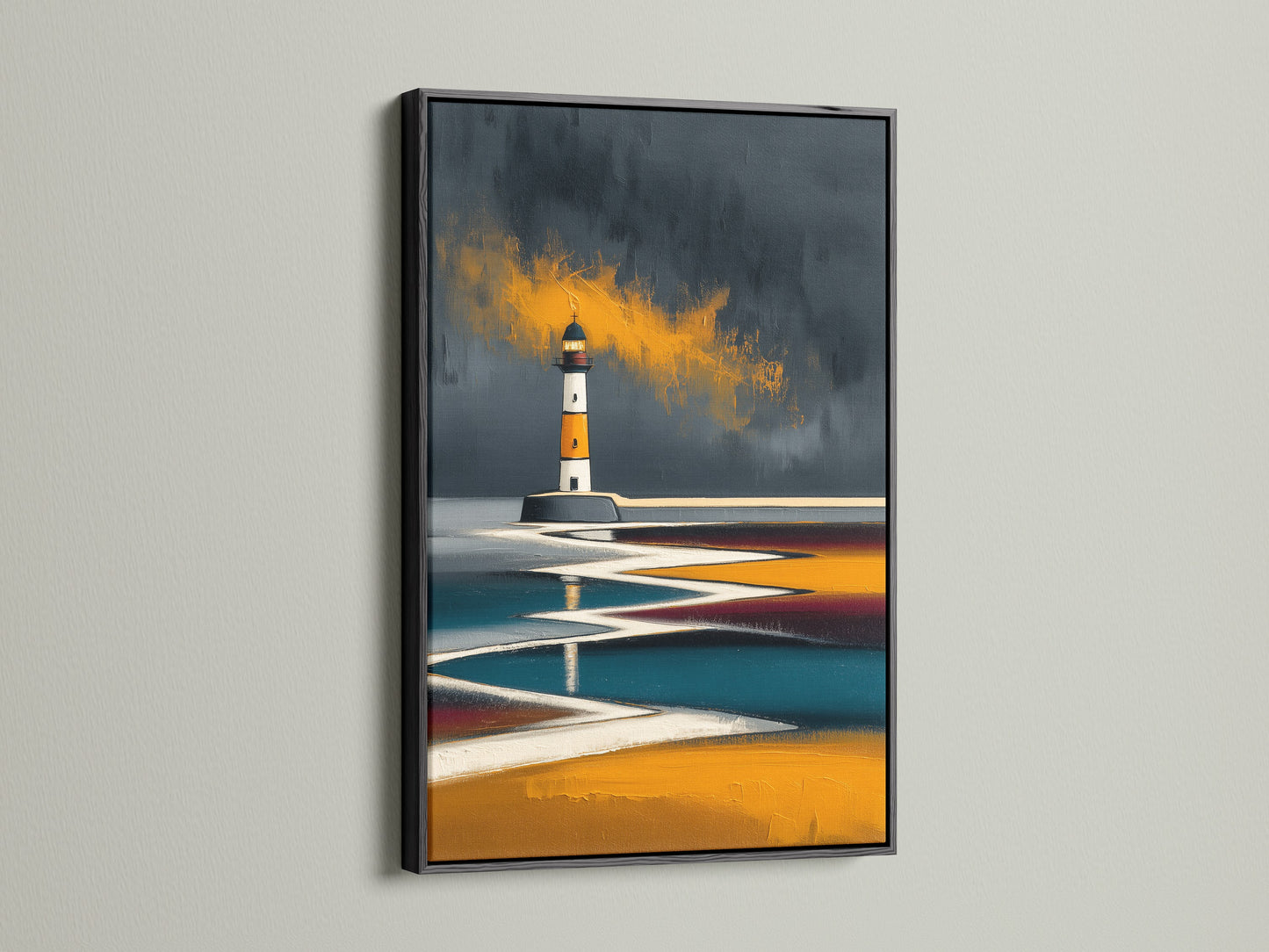 Lighthouse coastal art print in a black frame. The contrast enhances this abstract nautical artwork. Perfect as modern wall art for any room. The seascape canvas brings the ocean view to your space. Add a bold statement piece to your home.