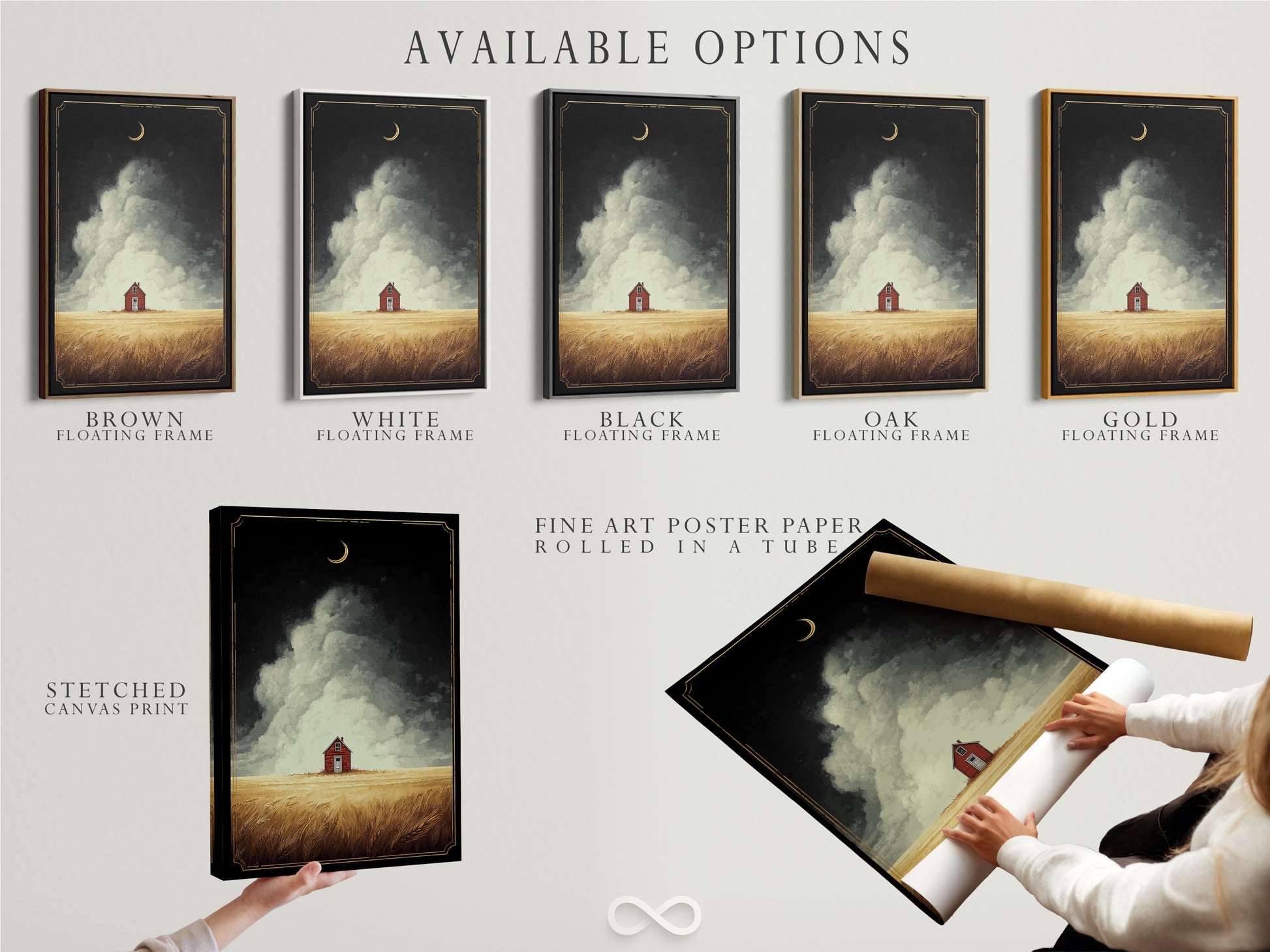 Available options include stretched canvas print fine art poster paper and floating frame. The farmhouse art features a red barn in a golden field landscape. Choose the perfect option to suit your style and preferences. Enhance your home decor with this captivating piece of landscape artwork.