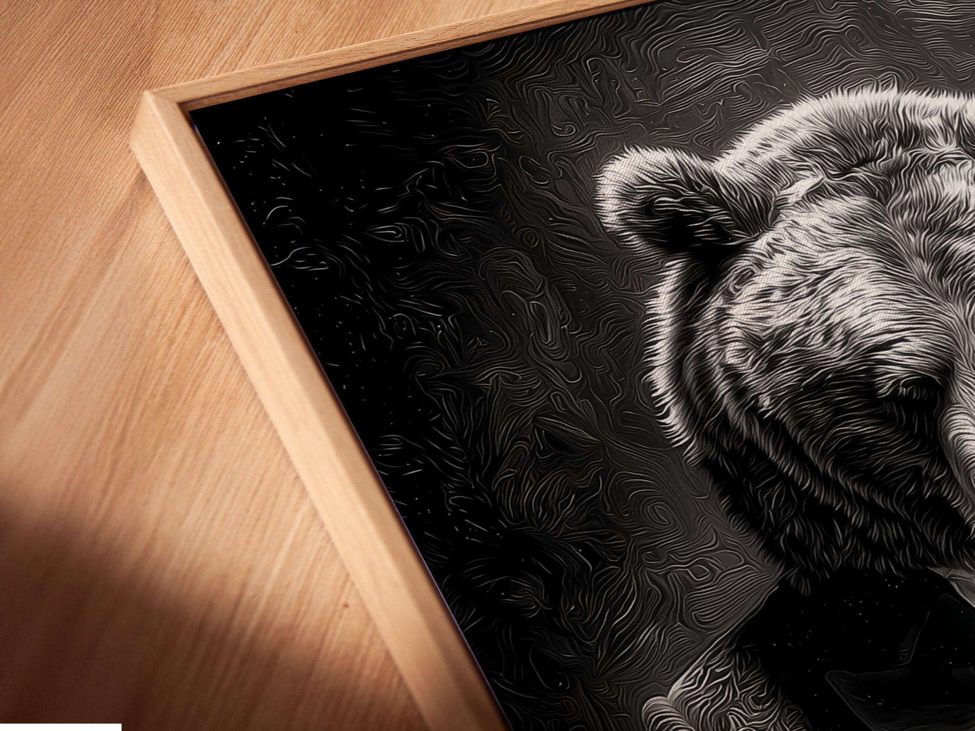 A close-up angled view of a canvas print featuring a bear in a tuxedo within a floating frame. The floating frame gives the art a modern gallery-like appearance. The art seems to float within the frame. Explore floating frame canvas prints for a contemporary and stylish art display option.