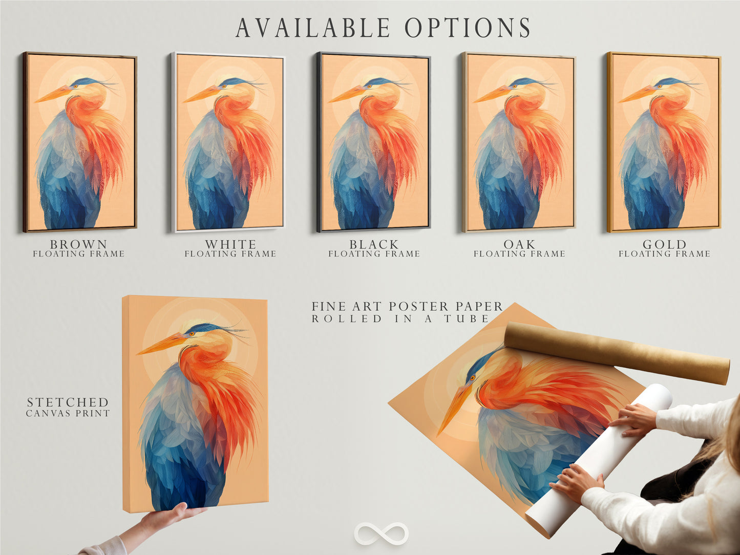 Available options for the heron artwork. Choose from a stretched canvas print. Also available is fine art poster paper and floating frame options. Customize your coastal wall art to suit your taste. Select the perfect avian artwork for your home or office decor. Find the ideal modern art print to enhance your space.