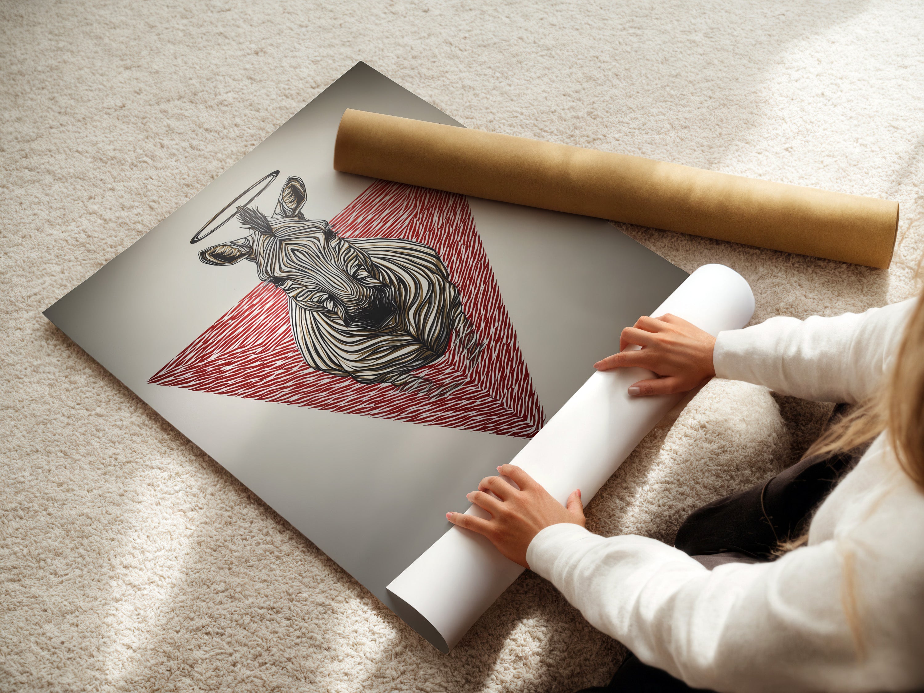 A woman is carefully rolling a fine art poster paper. The paper features zebra sacred geometry art. This ensures the modern wildlife art arrives in perfect condition. Get your own red geometric art for a stylish touch. Perfect for any art lover.