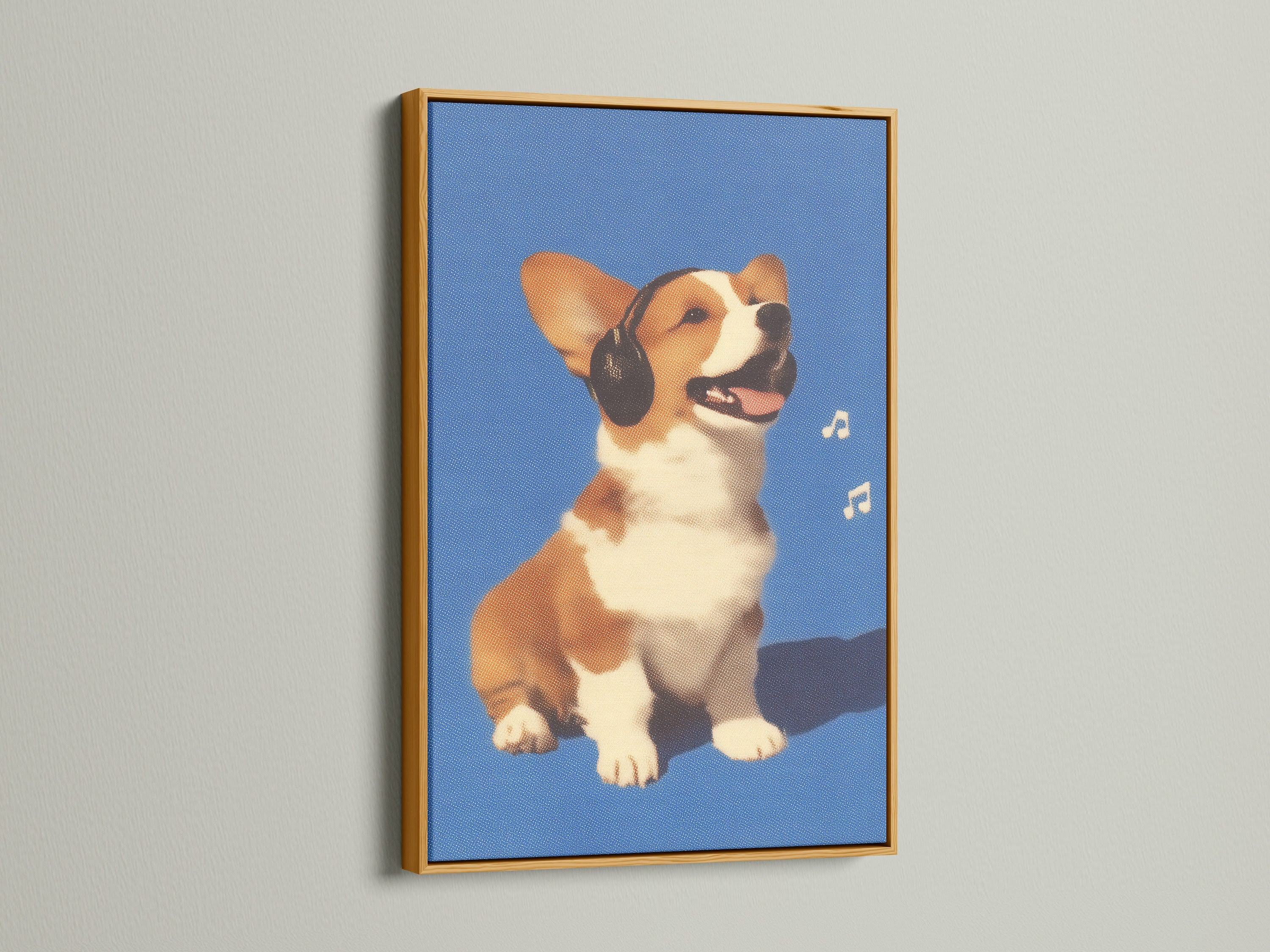 Corgi Music Artwork Print with gold frame. Dog listening to headphones canvas wall art. A blue pet portrait for office wall decor. Ideal for dog lovers seeking unique wall art. Appreciate a touch of whimsy in your home.