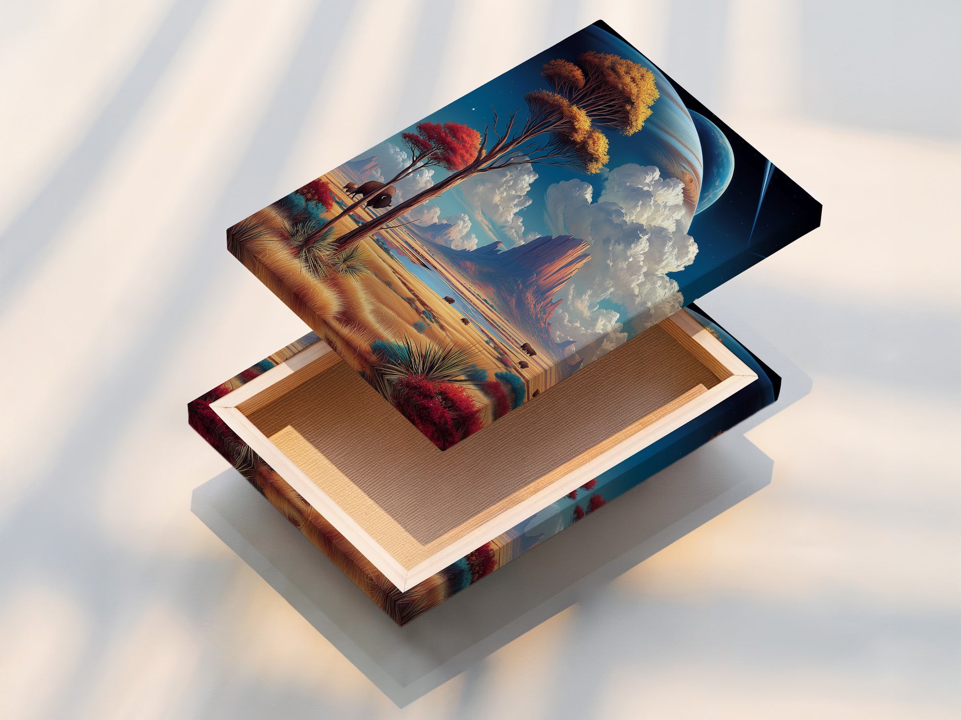 A stretched canvas print of a bison landscape. Southwestern wall art featuring Monument Valley's iconic scenery. Earthy tones bring warmth and depth to any space. This nature canvas is ready to hang and enjoy in your living room or office.