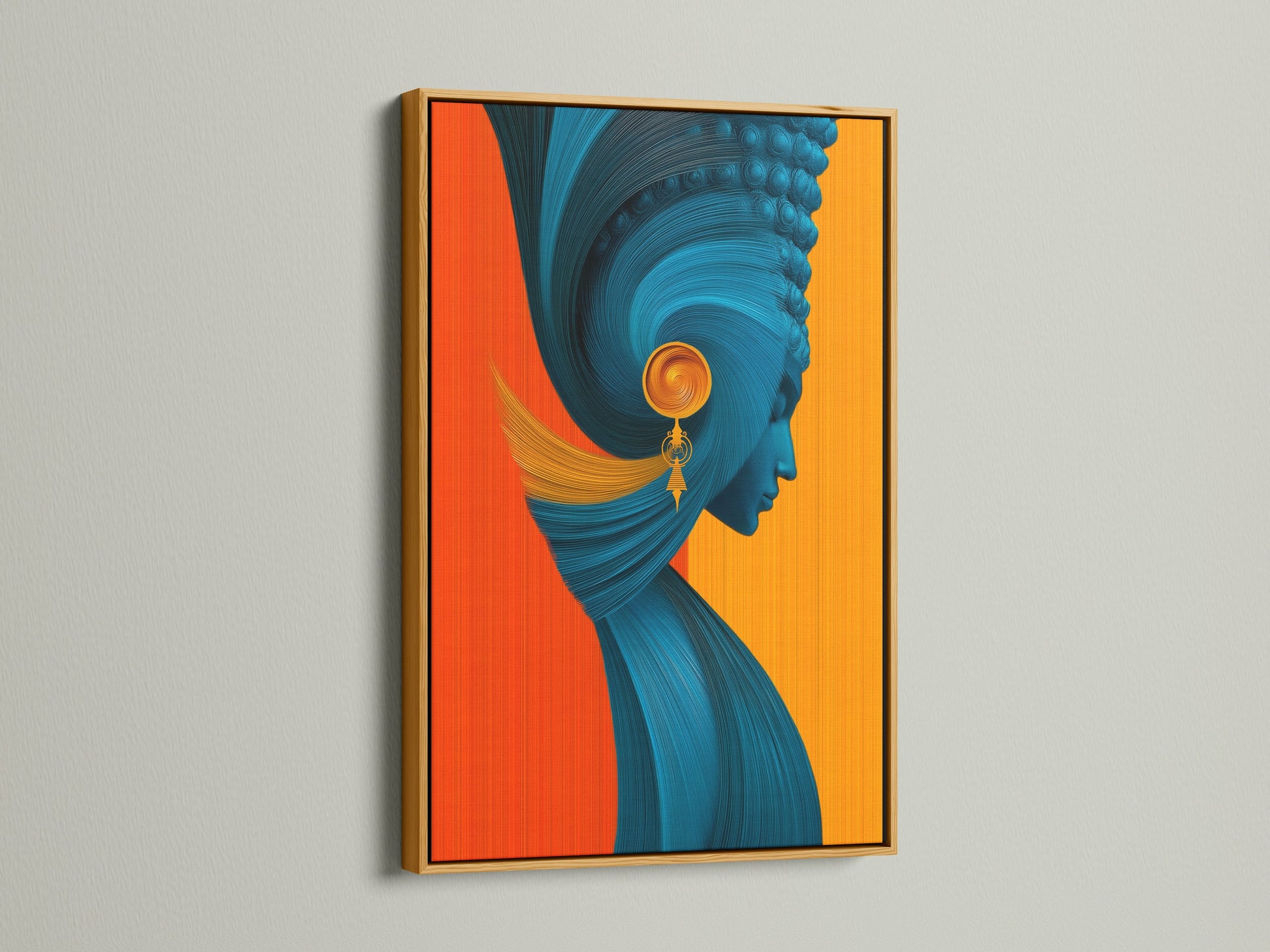The gold frame highlights the abstract woman art. The metallic finish brings a touch of luxury to the teal and orange print. This modern artwork shines. Perfect for adding a glamorous accent to any room or office wall art collection.