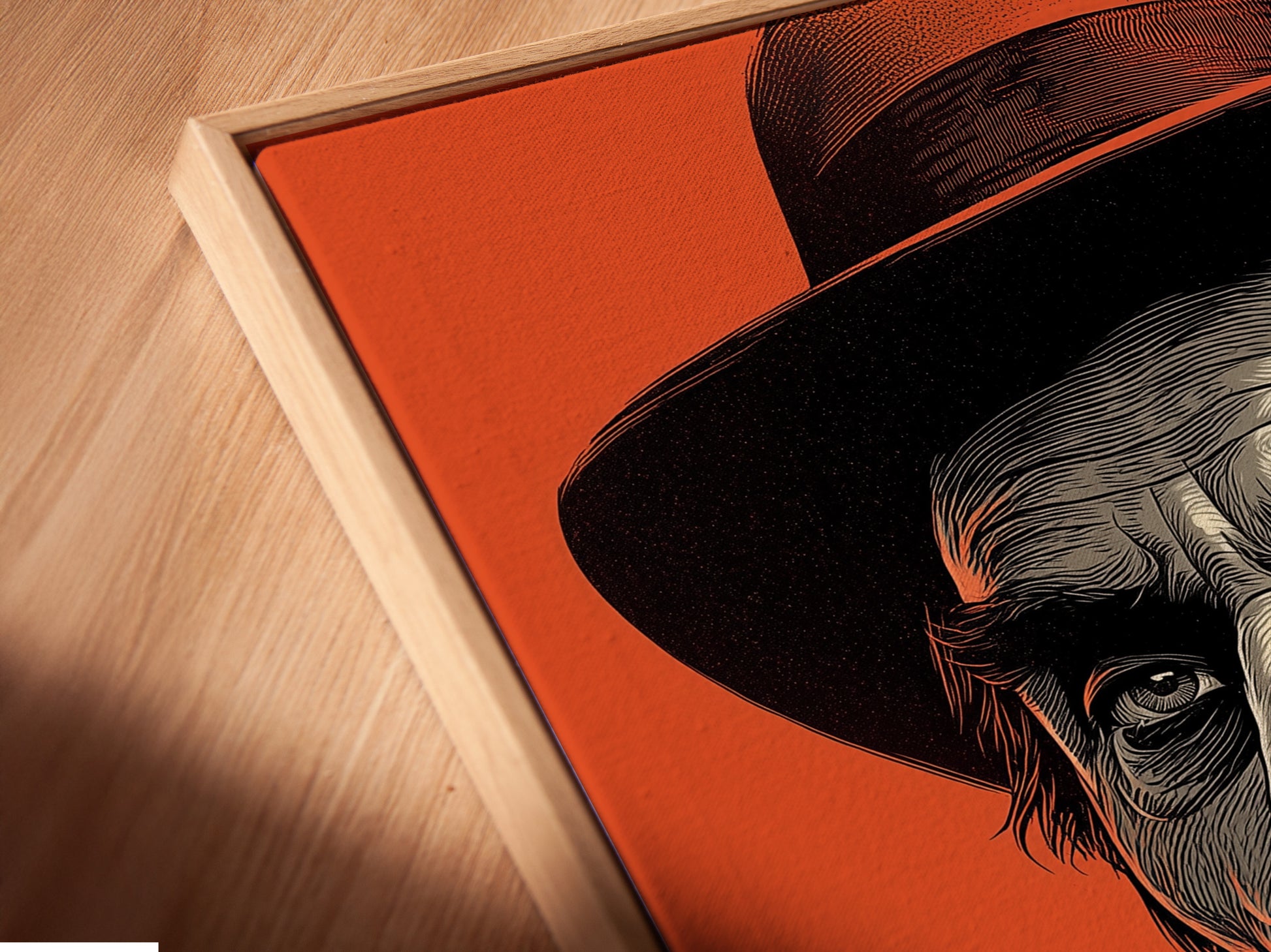 A close-up shot of a canvas print in a floating frame. The floating frame gives a modern and sleek look. It makes the canvas appear to float. Discover the unique style of a floating frame. Enhance your artwork with this frame.