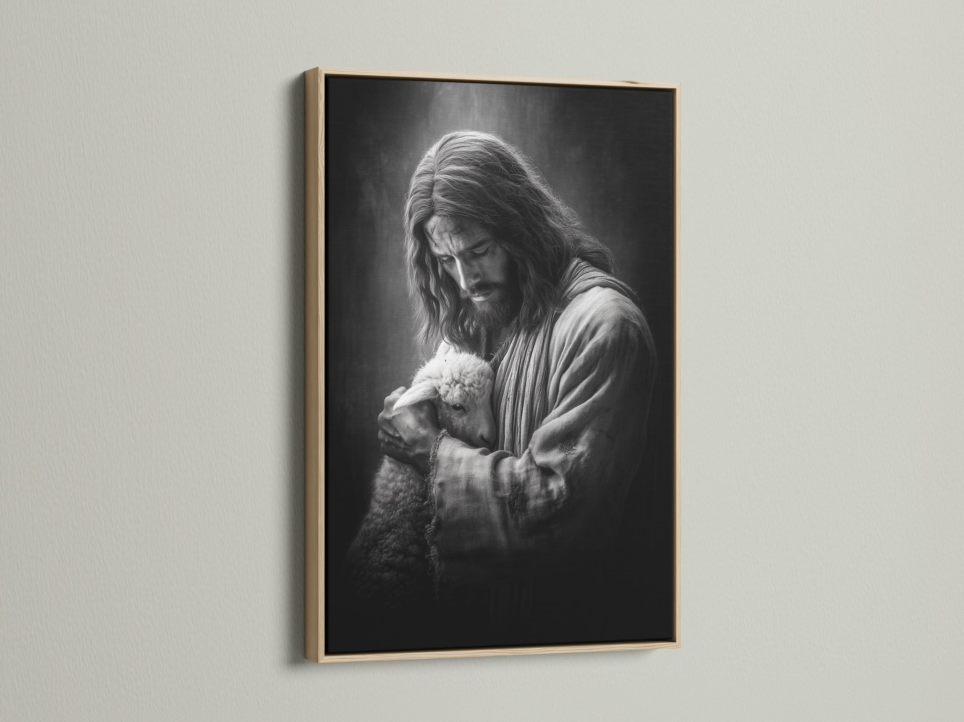 Artwork of Jesus holding a lamb is displayed in an oak frame. The oak frame offers a natural and timeless aesthetic. This frame enhances the artwork's beauty. It seamlessly integrates with any interior setting. Perfect for adding a touch of warmth