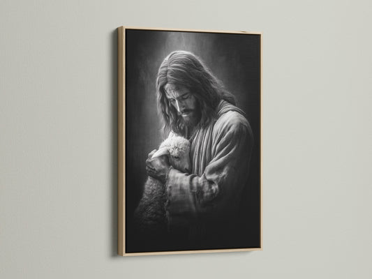 Artwork of Jesus holding a lamb is displayed in an oak frame. The oak frame offers a natural and timeless aesthetic. This frame enhances the artwork's beauty. It seamlessly integrates with any interior setting. Perfect for adding a touch of warmth